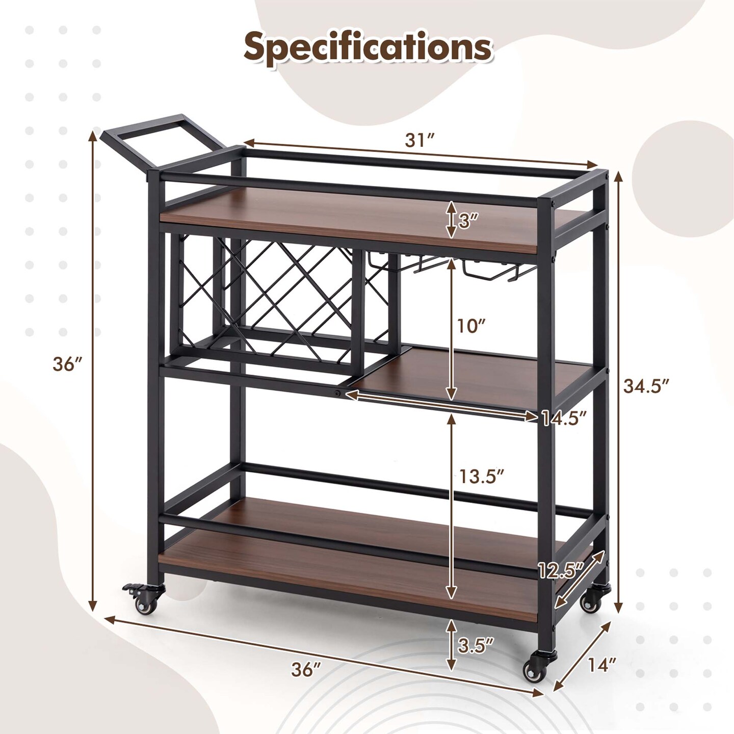 Costway 3-tier Bar Cart on Wheels Home Kitchen Serving Cart with Wine Rack & Glass Holder Rustic Brown/Brown