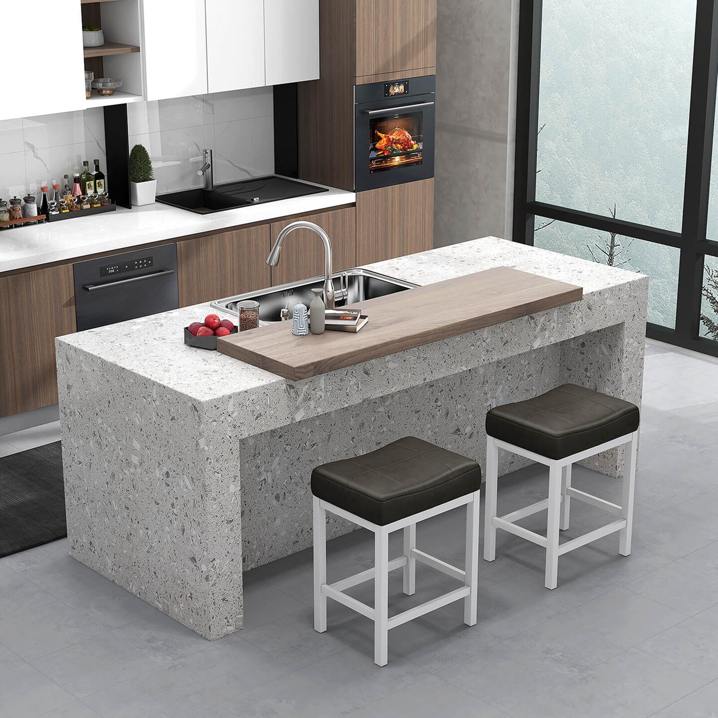 Costway 24.5" Bar Stool Set of 4 with Solid Rubber Wood Frame Humanized Footrest Kitchen White/Gray