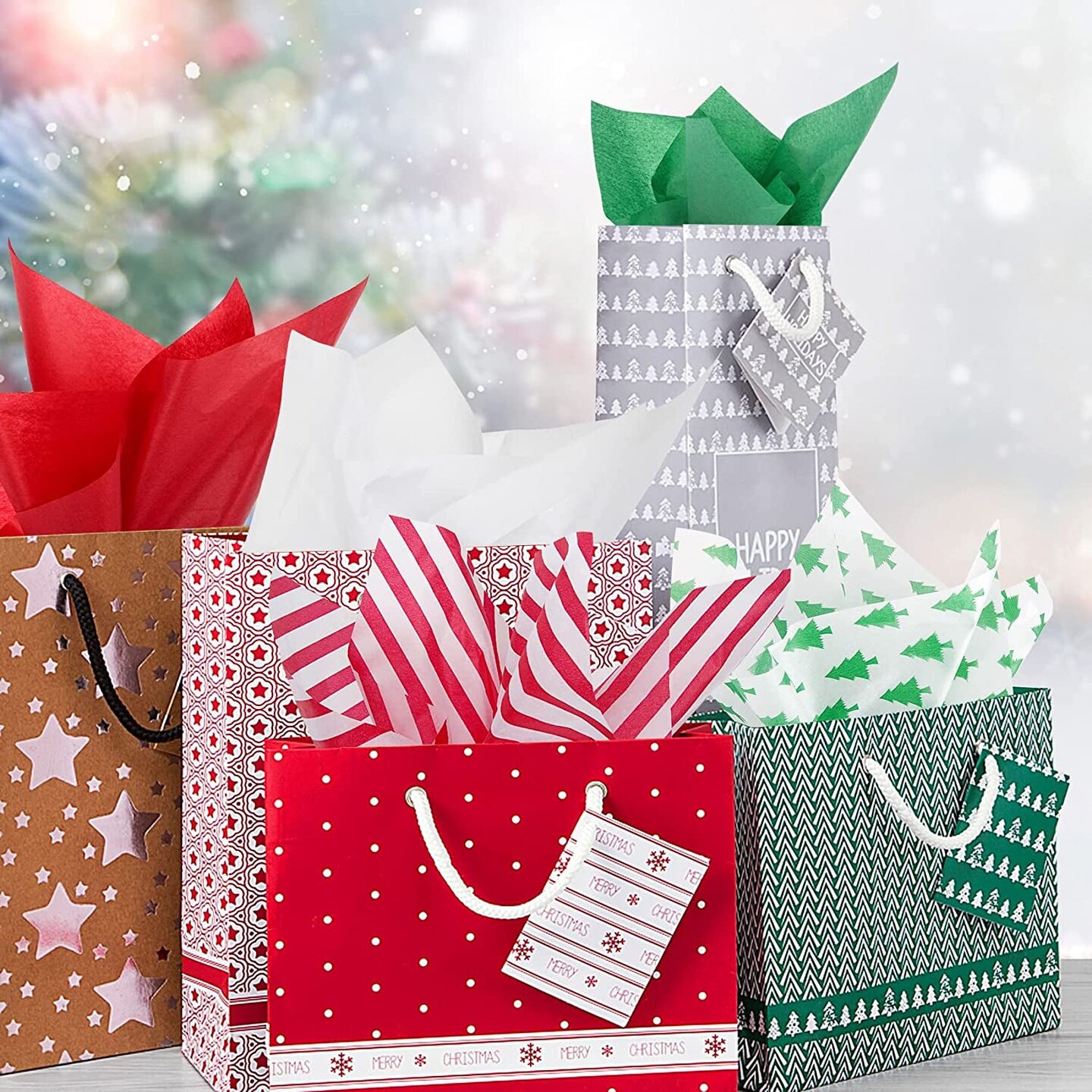 Christmas Tissue Paper Gift Wrapping Paper, 120 Sheets, 13.5&#x22; X 19.5&#x22;, White, Red, Green, Red Stripe, Christmas Trees Design