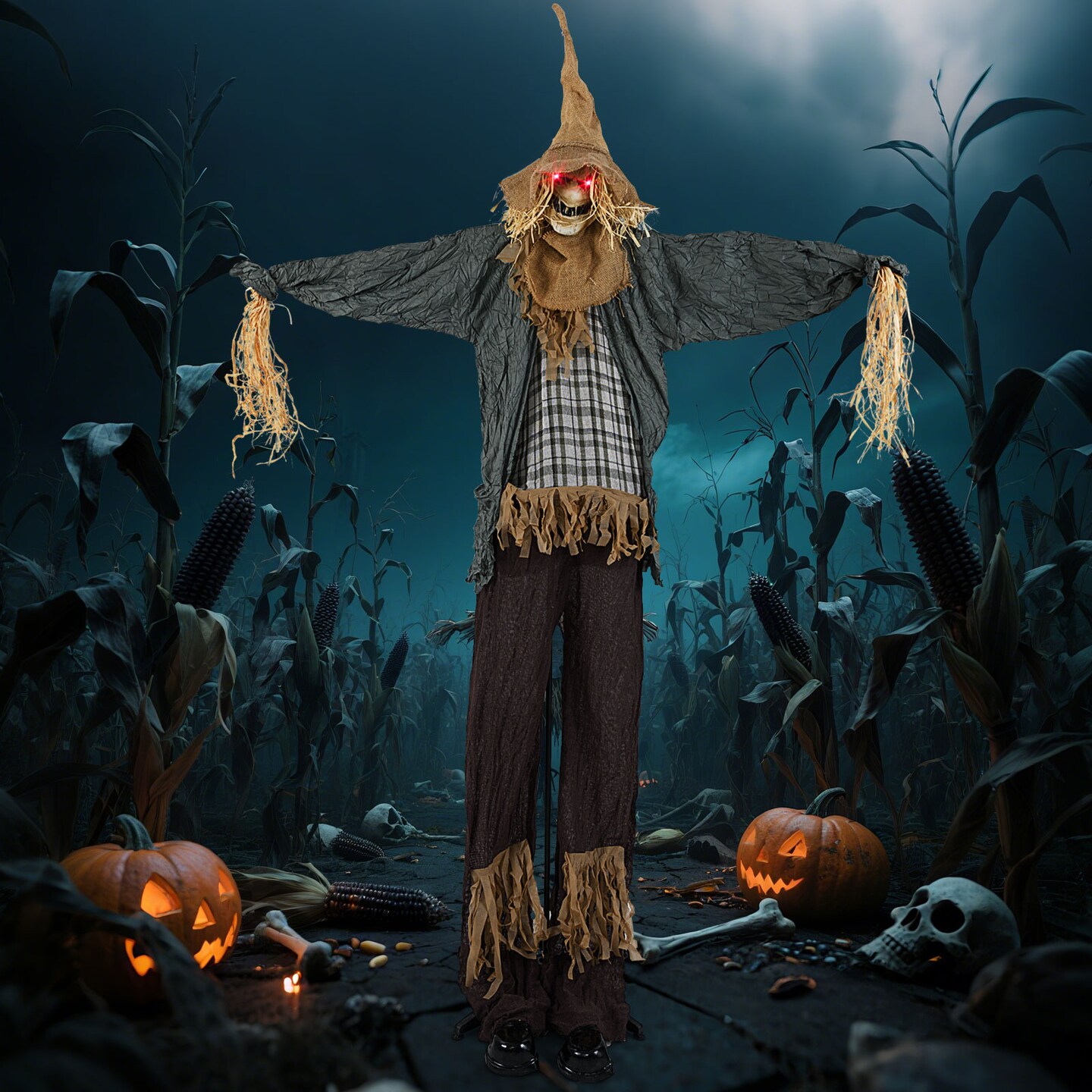 Life-Size 7ft Halloween Scarecrow Decoration with Sound-Activated Moving Hat and Glowing Eyes