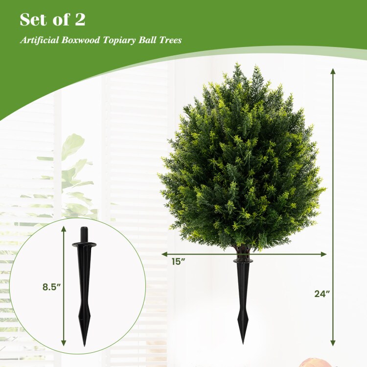 24" Artificial Cypress Topiary Ball Tree Set of 2 with Ground Spike for Indoor Outdoor Decor