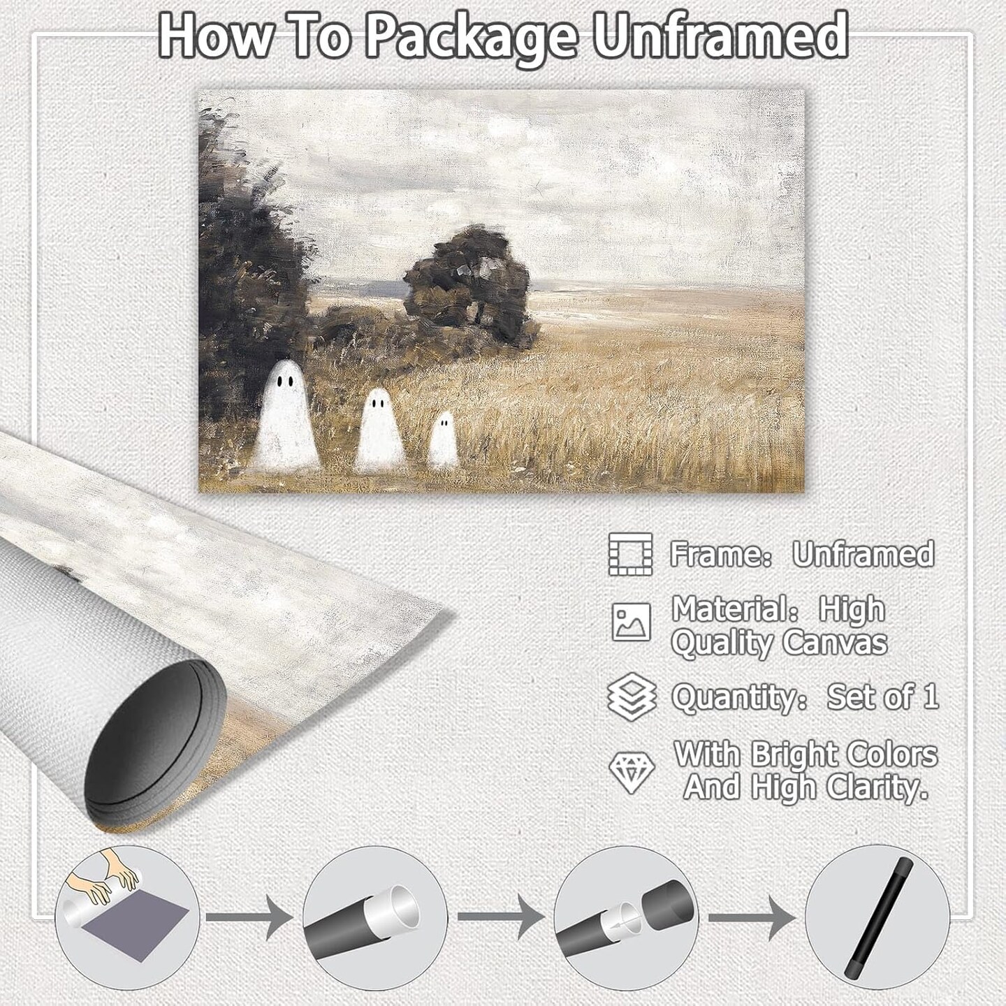 Cute Ghost Haunted Forest Canvas Wall Art – Vintage Halloween Spooky Poster 12x16 Inch | Dark Academia Aesthetic Funny Ghost Painting Unframed Home Decor