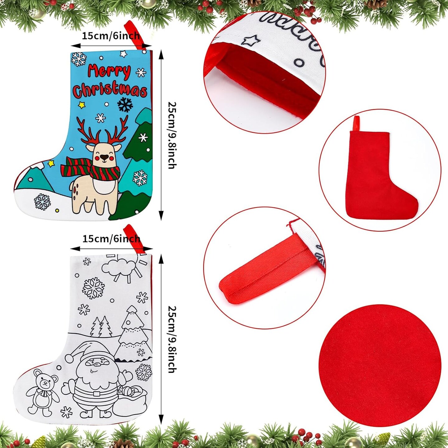 24 Pcs Color Your Own Christmas Stockings Kit DIY Coloring Nativity Stocking Crafts for Kids and Adults, Jesus Religious Xmas Home Decor for Fireplace Holiday Tree Ornaments (Santa Claus)