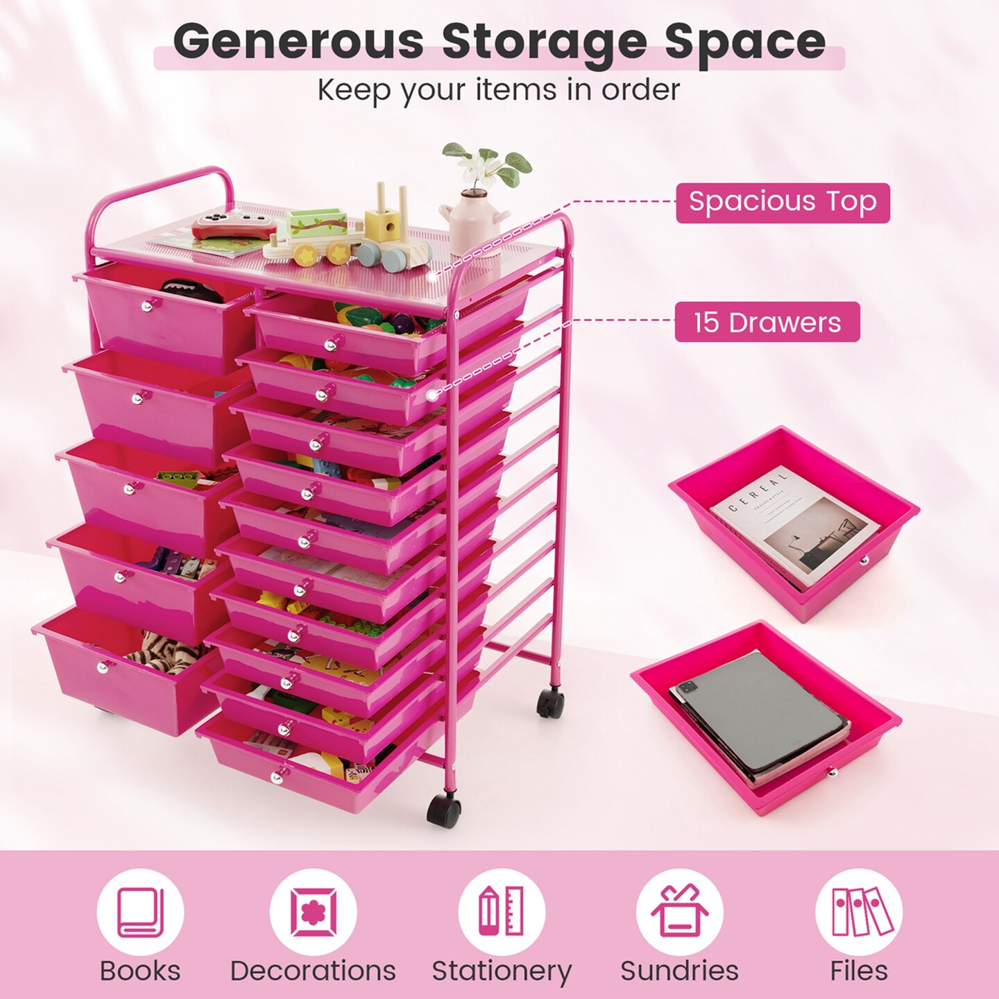 Costway 15 Drawer Rolling Storage Cart Tools Scrapbook Paper Office School Organizer Multicolored/Pink/Grey/Hot Pink/White/Black/Clear/Multicolor/Colorful/Mixed Pink