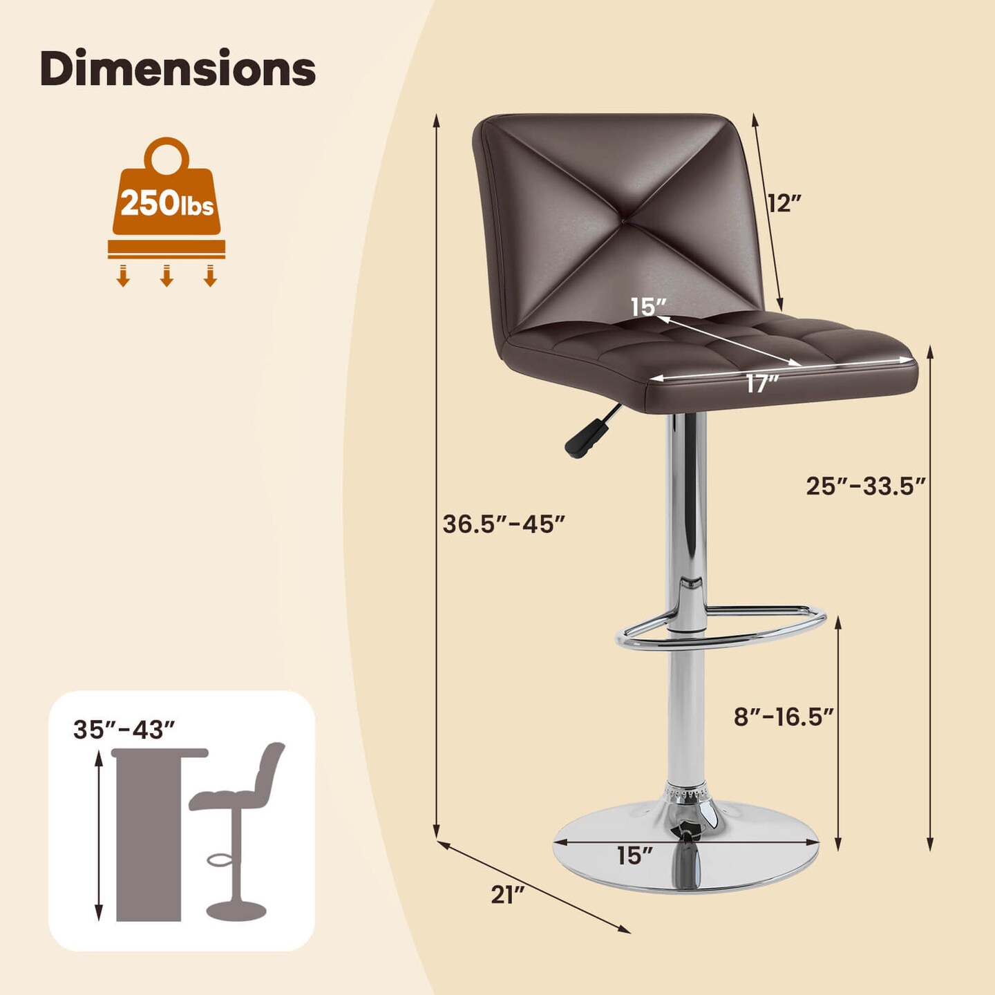 Costway Modern Bar Stools Set of 2 PU Leather Upholstered Swivel Counter Stools with Back Black/Brown/White