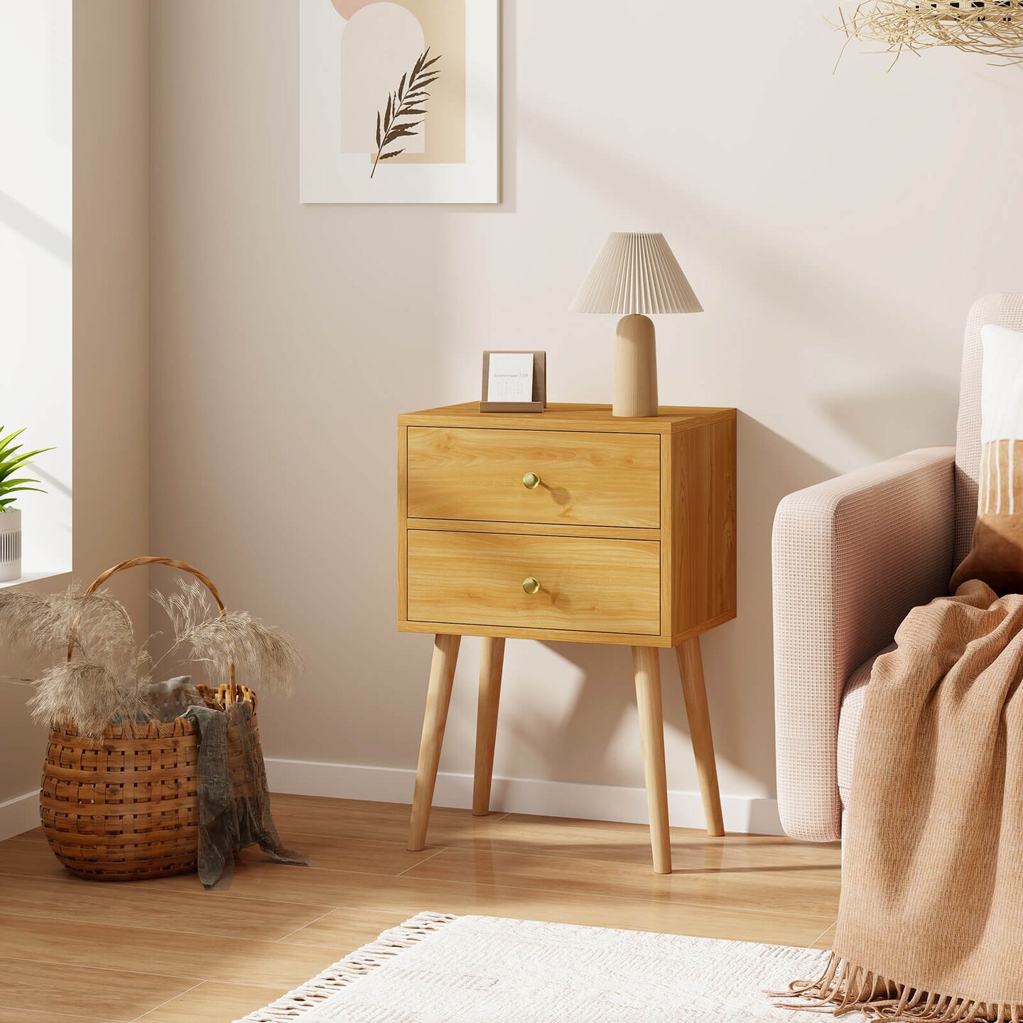 Costway Mid Century Modern 2 Drawers Nightstand In Natural Sofa Side Table End Table