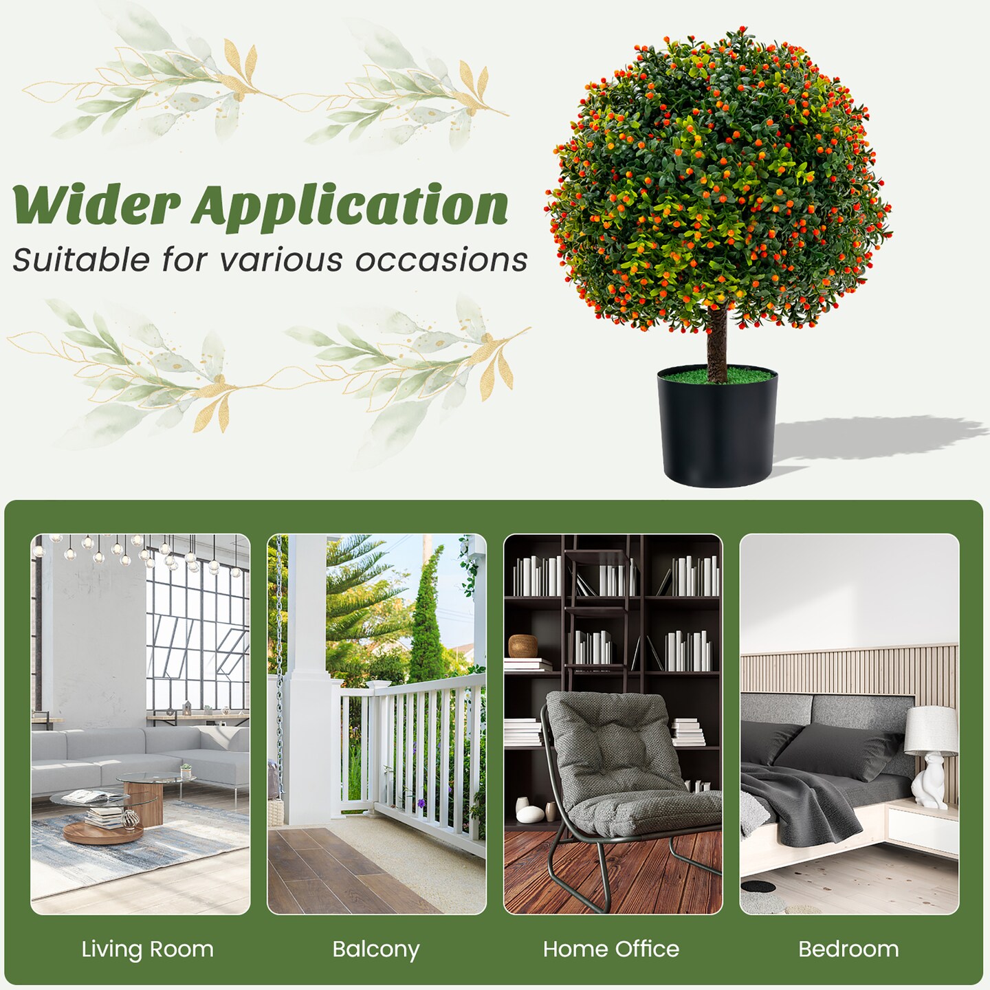 Costway 22&#x27;&#x27; Artificial Boxwood Topiary Ball Tree 2-Pack Faux Potted Plant w/Orange Fruit