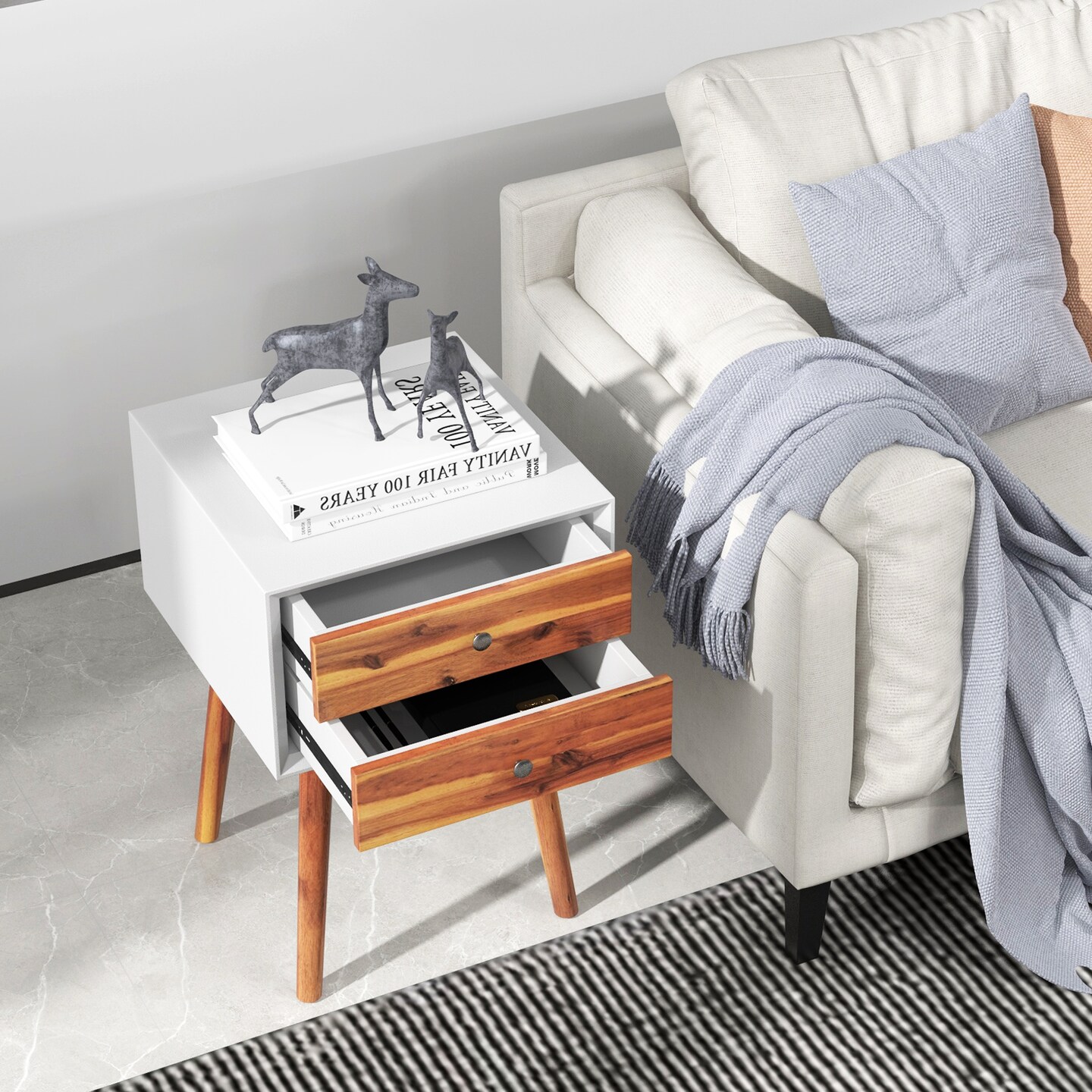 Costway End Table W/Drawers and Storage Wooden Mid-Century Accent Side Table Multipurpose for Bedroom, Living Room Home Furniture Nightstand