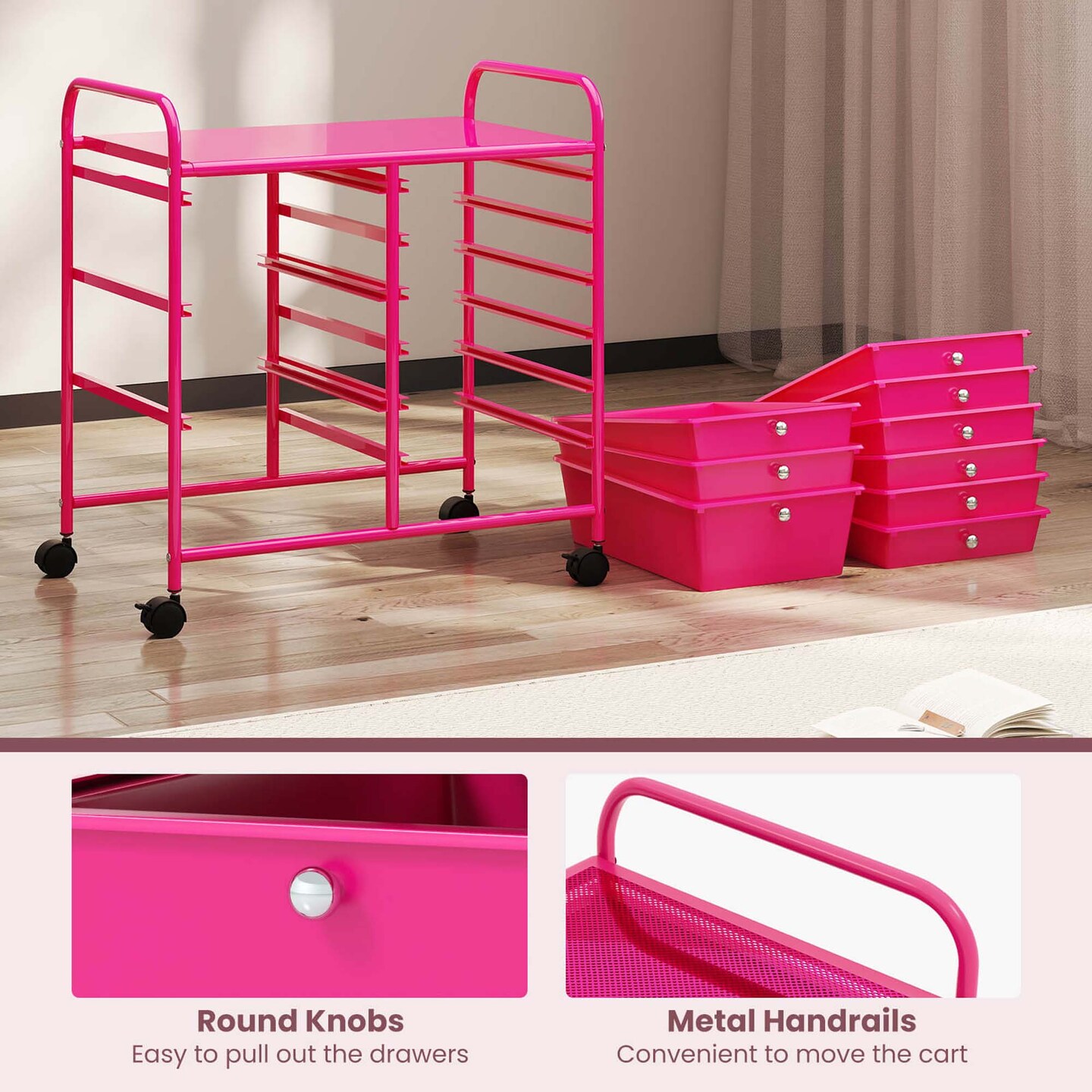 Costway 9 Drawer Rolling Organizer Cart Utility Storage Tools Scrapbook Paper Multi-Use Macaron/White/Hot Pink/Light Pink/Clear/Black