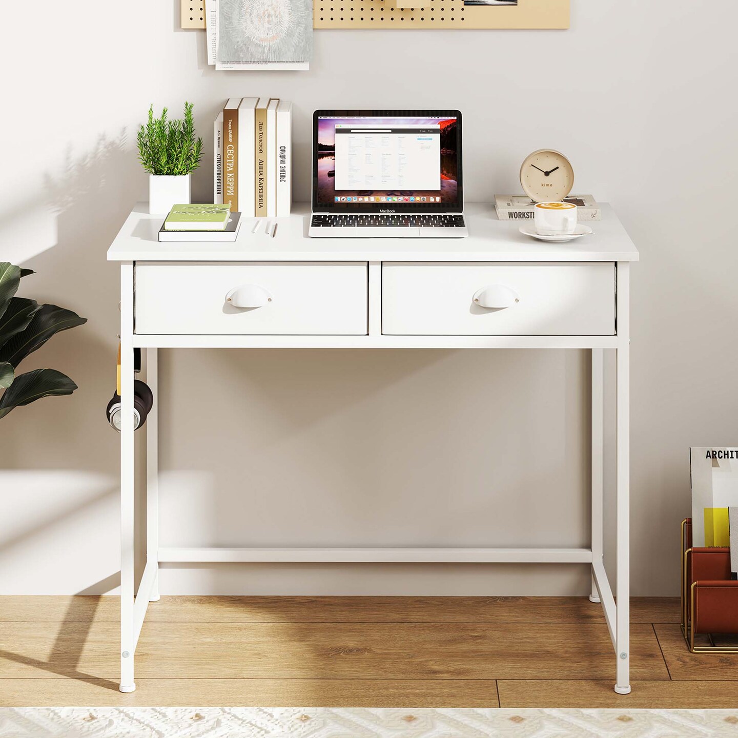 Costway Space Saving Home Computer Desk with 2 Fabric Drawers 4 Hanging Hooks &#x26; Metal Frame Brown/White