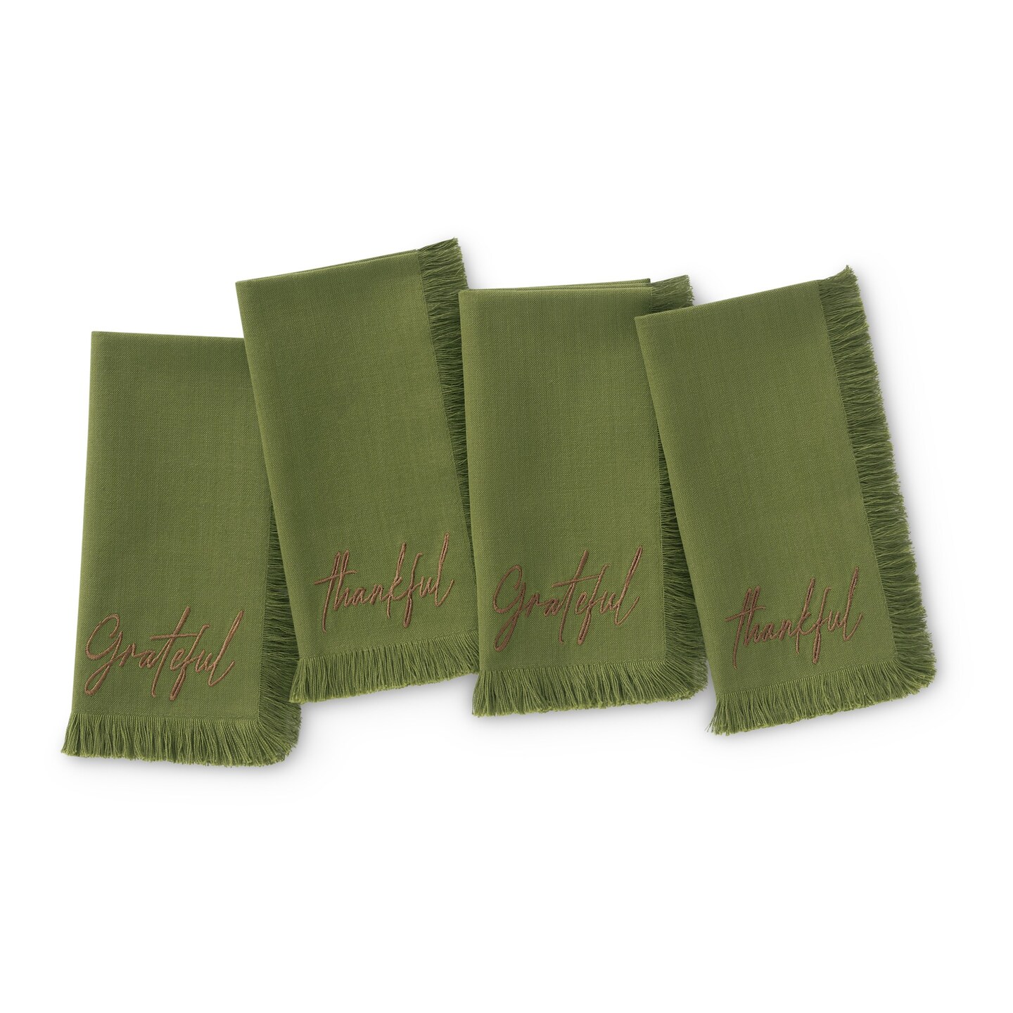 Threadmade Home Fringed Harvest Sentiment Napkins, Set of 4, Olive - 17"W x 17"L