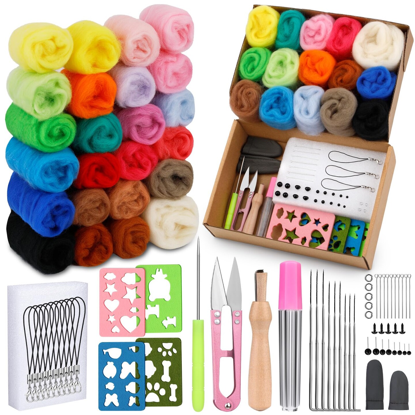 Needle Felting Kit, Wool Roving 24 Colors Set, Needle Wool Felting Tools Kit for Beginners, Needle Felting Starter Kits with Felting Needles for Felted Animal Needle Felting Supplies