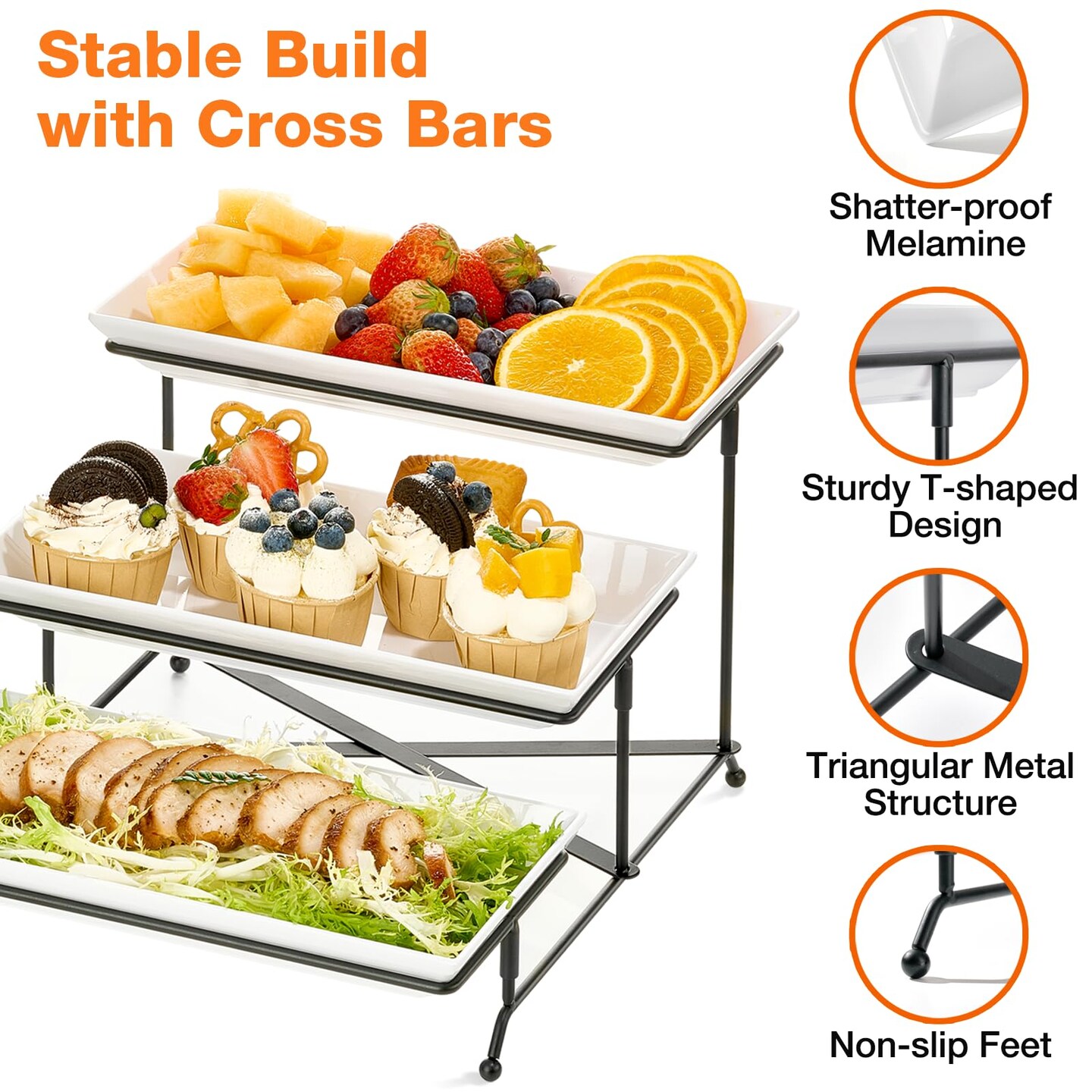 3 Tier Serving Tray Set, 12" Tiered Serving Trays Platters, Reusable Serving Tray for Party, Collapsible Sturdier Stand with Stable Cross Bars, Serving Platters for Veggie, Fruit, Dessert