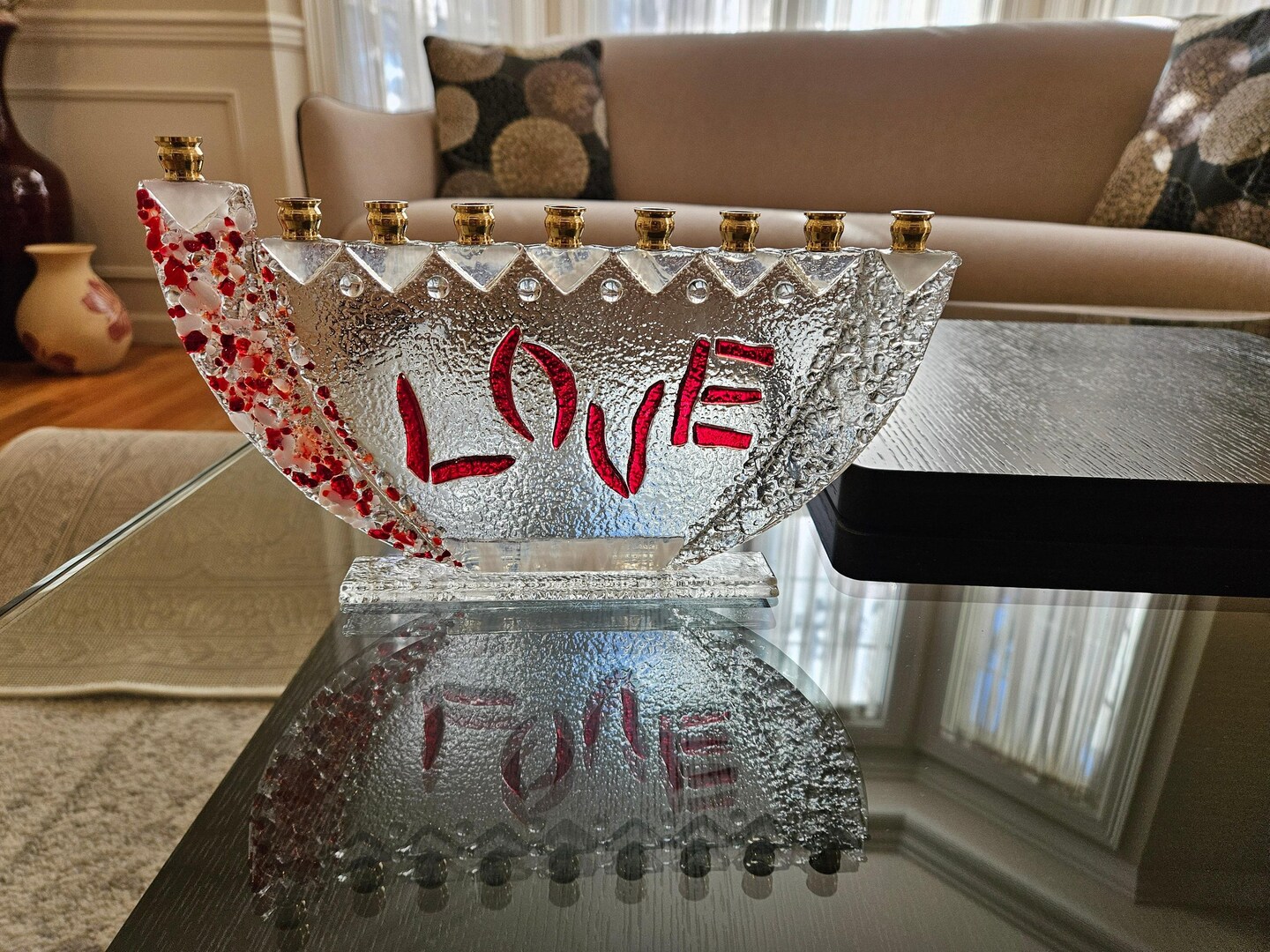 Two hearts shops LGBTQ pride glass menorah by YafitGlass