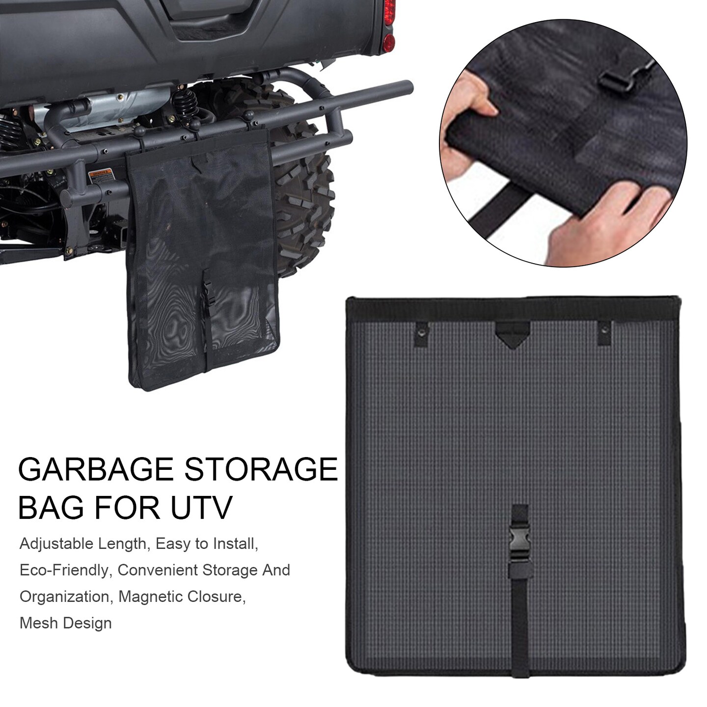 Mesh Trash Bag With Adjustable Length Universal Eco-Friendly Garbage Storage Bag With Magnetic Closure For Utv Atv
