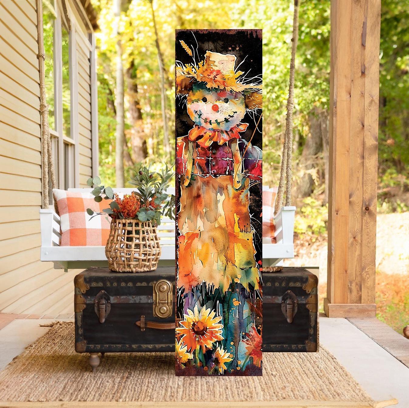 product name is 48-inch Fall Scarecrow Porch Sign - Front Porch Fall Plaque with Harvest Decoration | Autumn Decor UV Print | Entryway Fall Decor | 48x12
