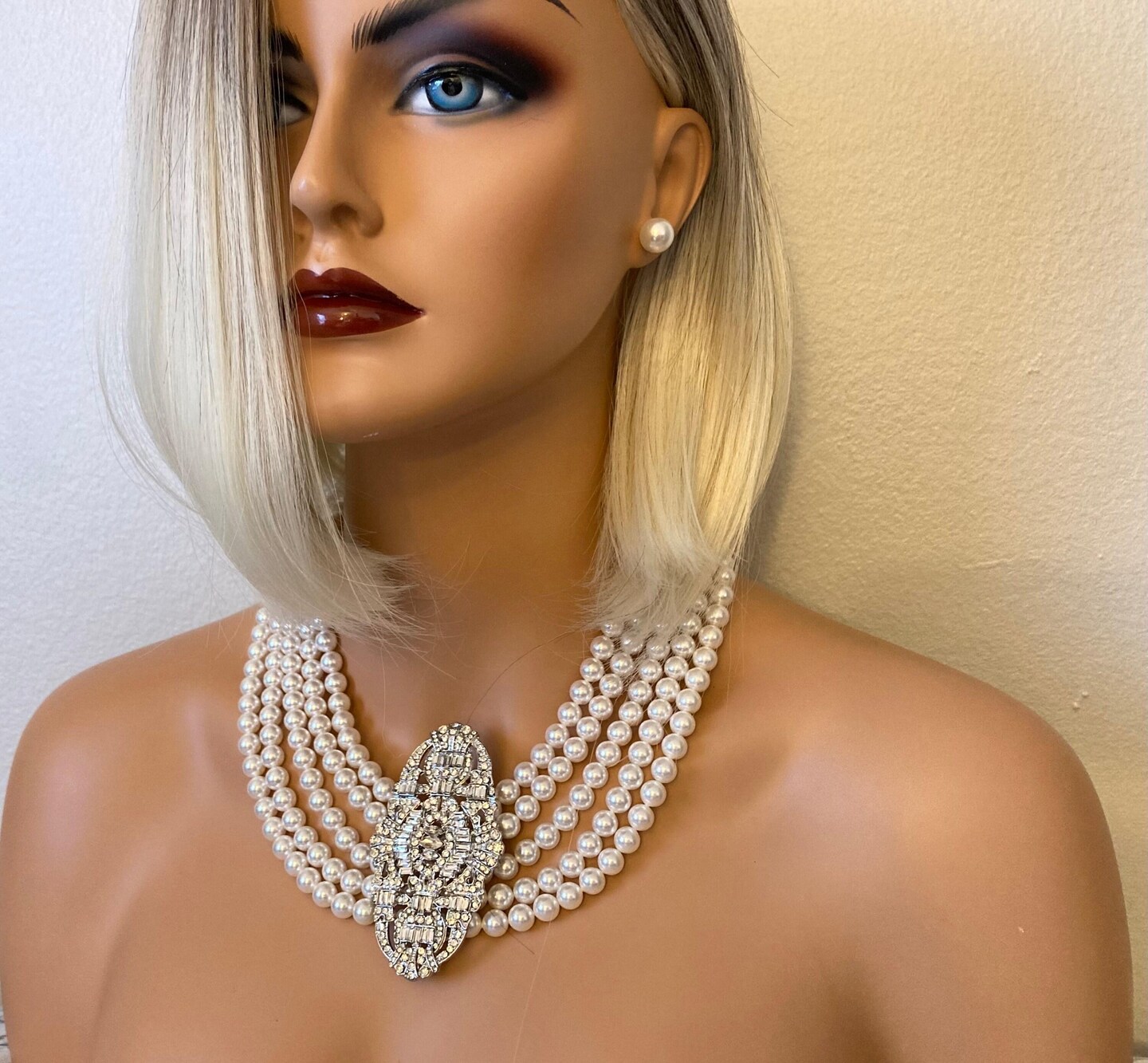 Pearl Statement Necklace with Brooch Art Deco strands Crystal Pearls  Great Gatsby necklaces Bridal Wedding jewelry Mother of the bride  MakerPlace
