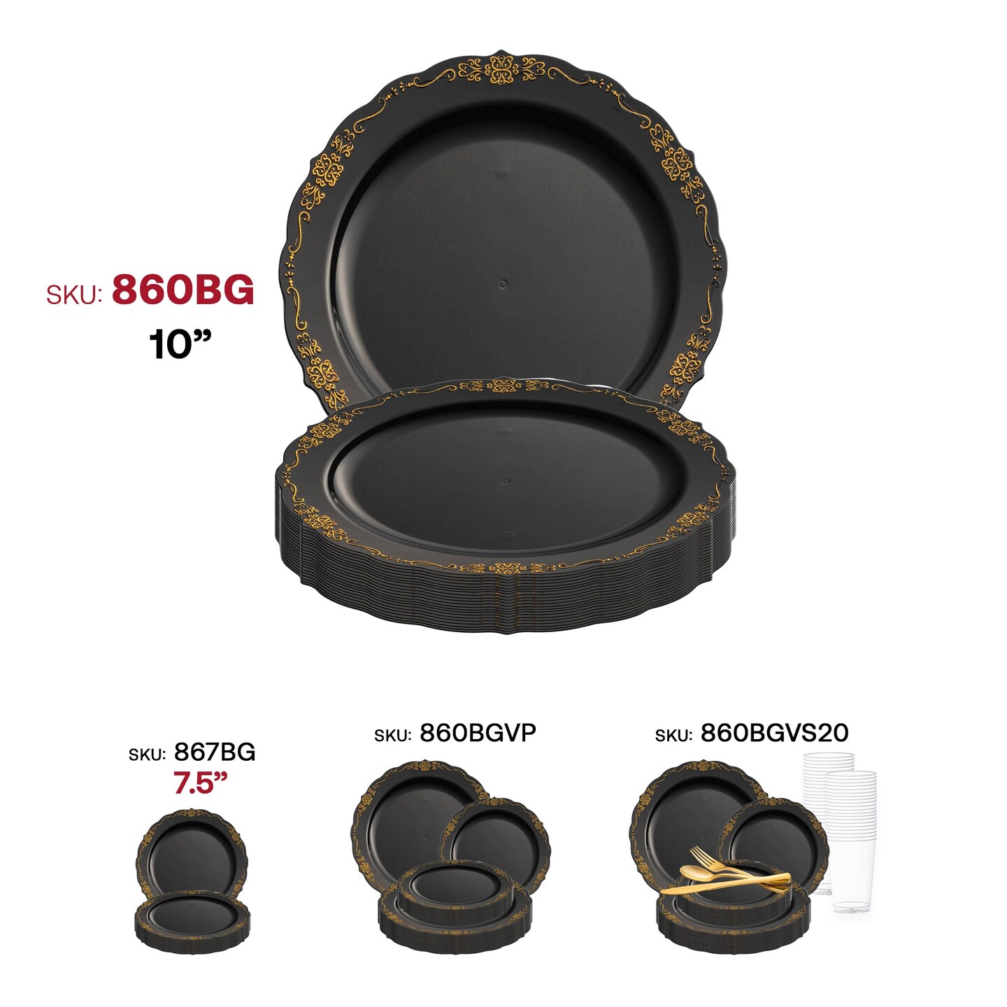 Black with Gold Vintage Rim Round Disposable Plastic Dinner Plates - 10" (120 Plates)