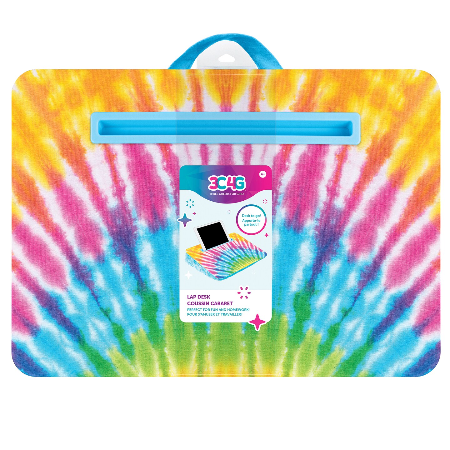 3C4G: Tie Dye Lap Desk - Make It Real, Tweens &#x26; Girls, Portable Lap Pillow Desk W/ Handle, Versatile Media Slot - 12&#x201D; x 17&#x201D;, Cozy Plush Cushion, Perfect For Fun &#x26; Homework, Three Cheers For Girls, Kids Ages 6+