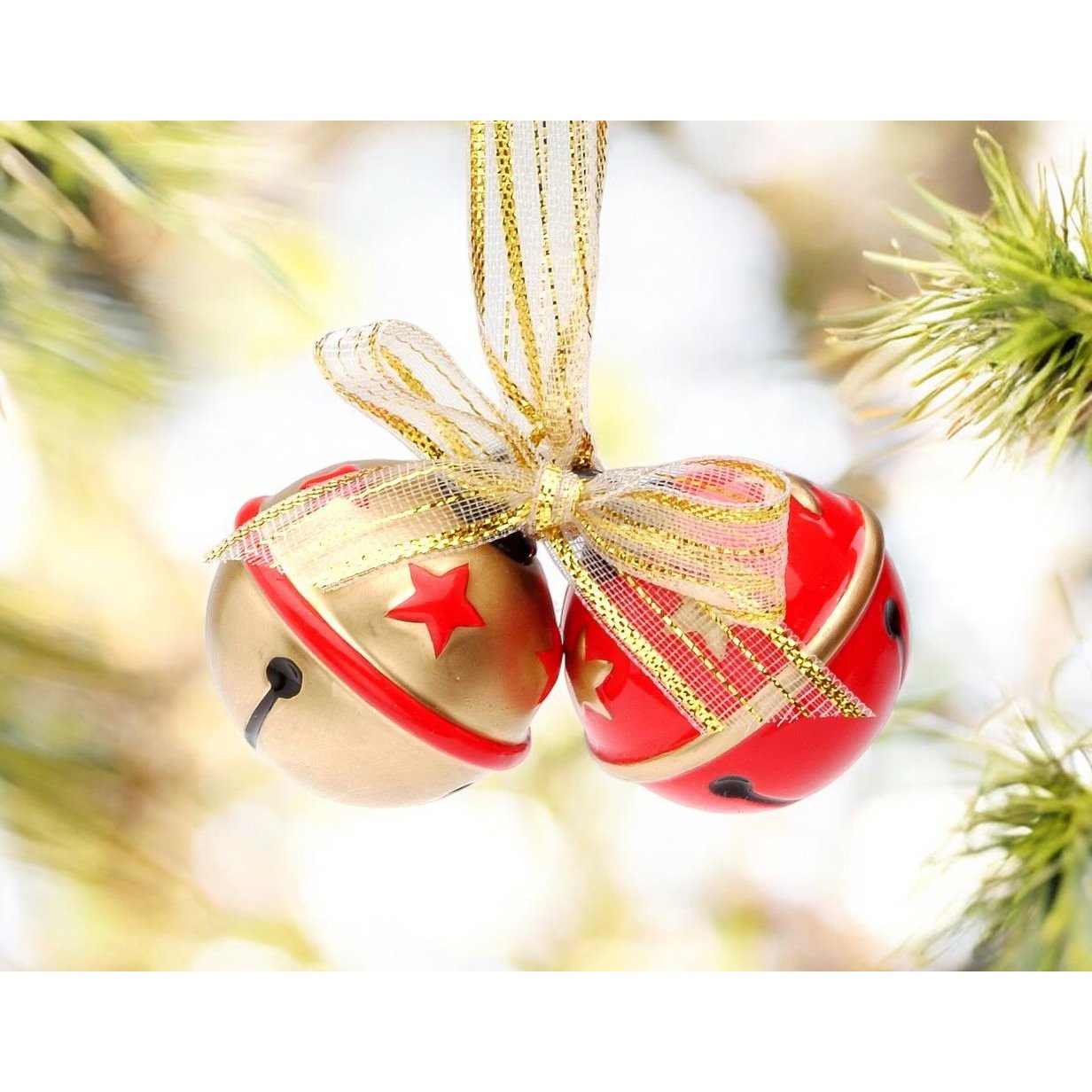 Ceramic Red And Gold Christmas Tree Ornament Bells With Gold Ribbon,