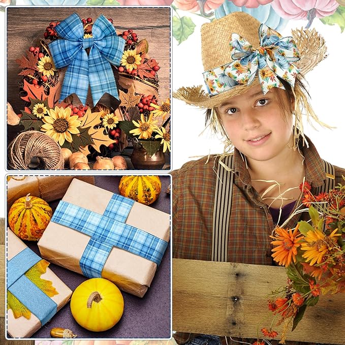 3 rolls (30 yards) of fall wired ribbon Thanksgiving Pumpkin, Buffalo Plaid Ribbon Autumn Harvest Ribbons for Wreaths, Bow Making Supplies, and Gifts Wrapping Decoration (Blue).