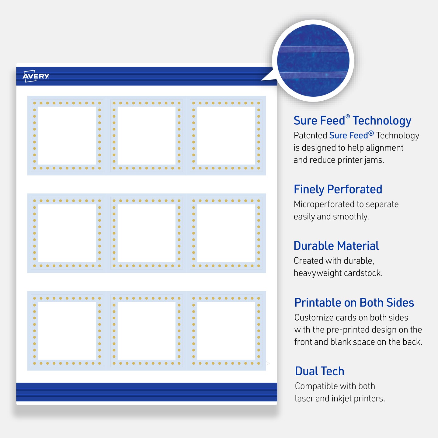 Avery Printable Square Cards, Gold Dots with Blue Border, 2.5&#x22; x 2.5&#x22;, Matte White Square Cards, Laser/Inkjet, 90ct, Great for Business Cards