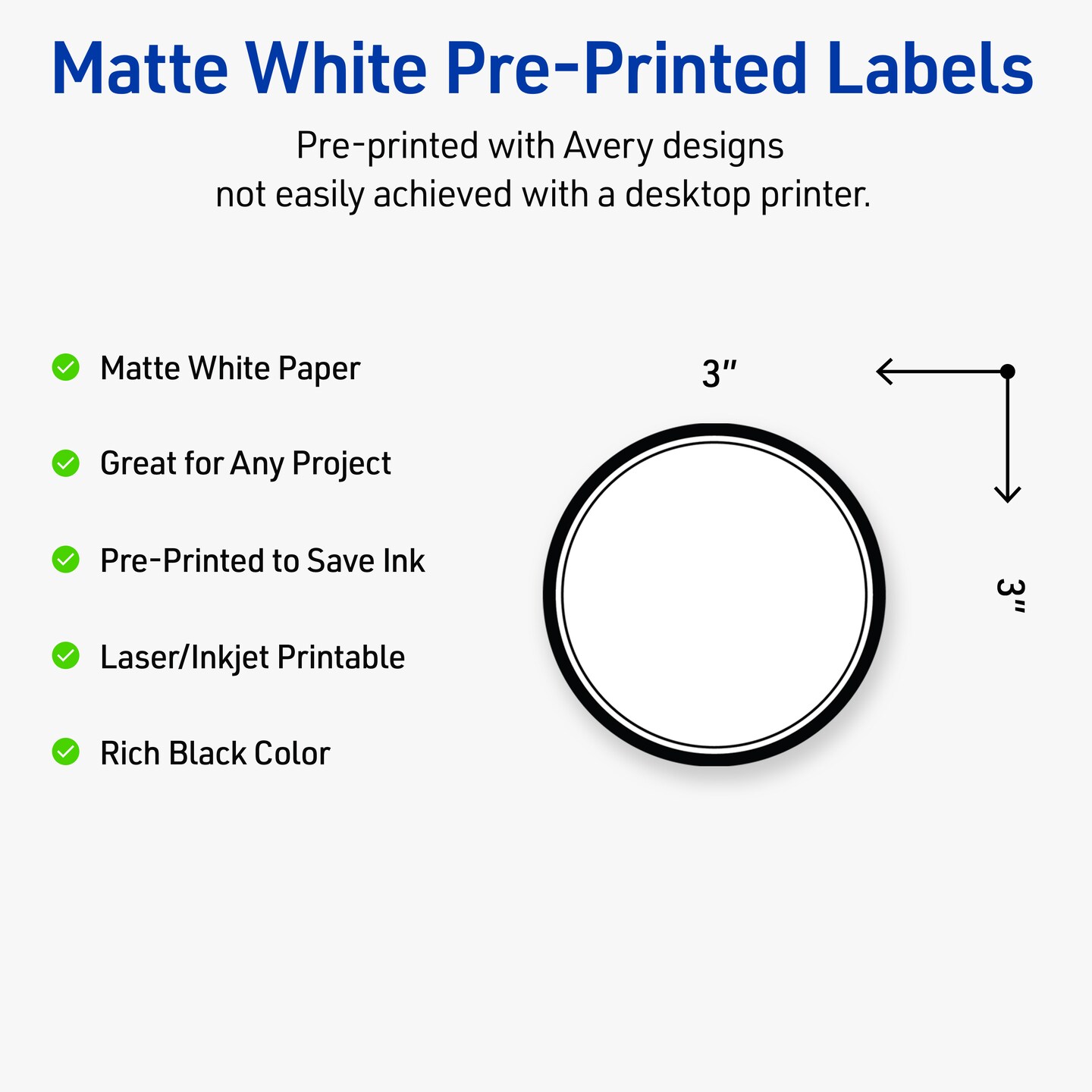 Avery Printable Round Labels, Double Black Border, 3&#x22; Diameter, Matte White Round Labels, Permanent, Laser/Inkjet, 60ct, Great for Product Labels