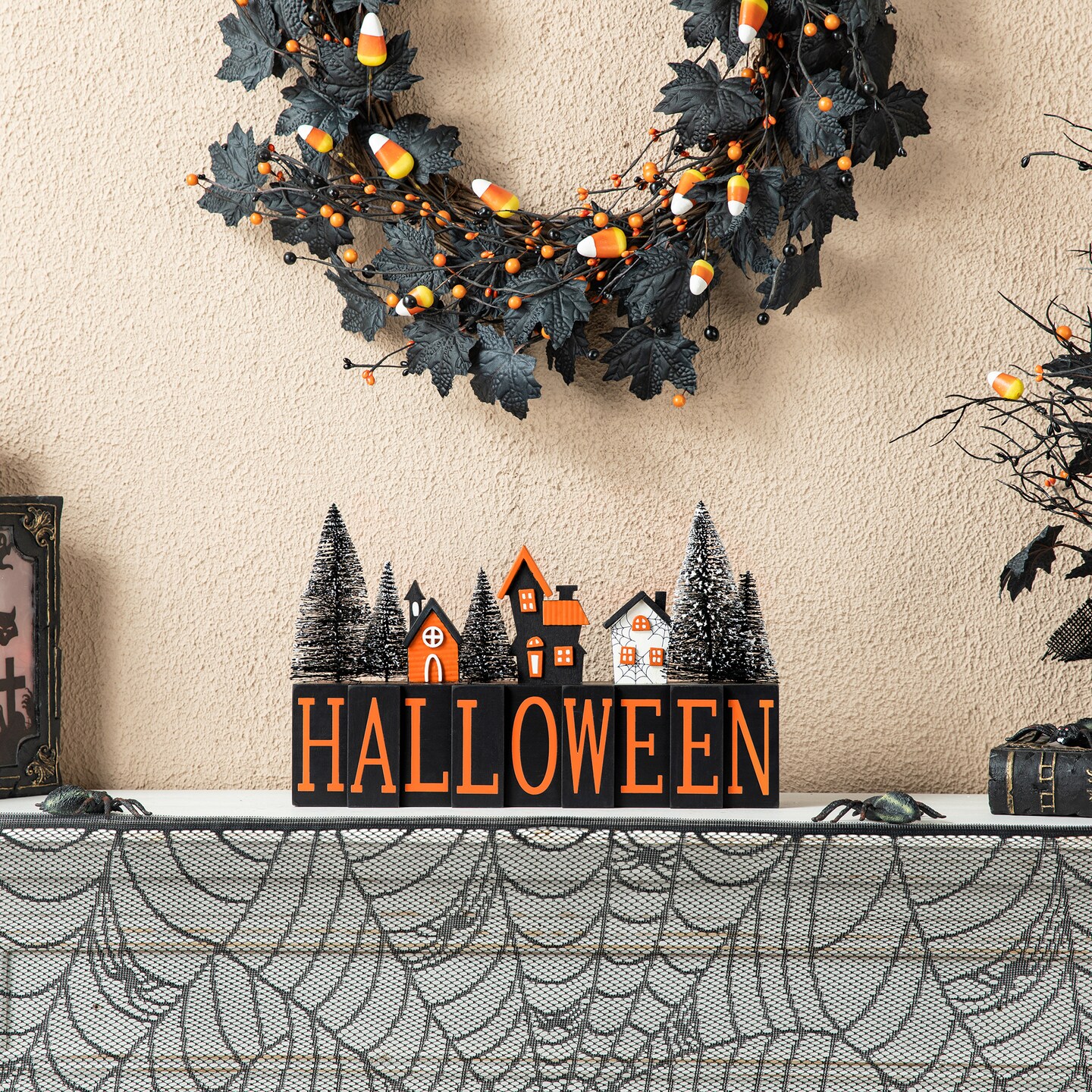 Set of 2 14&#x22;L Halloween Wooden &#x22;HALLOWEEN&#x22; Haunted House Table Sign