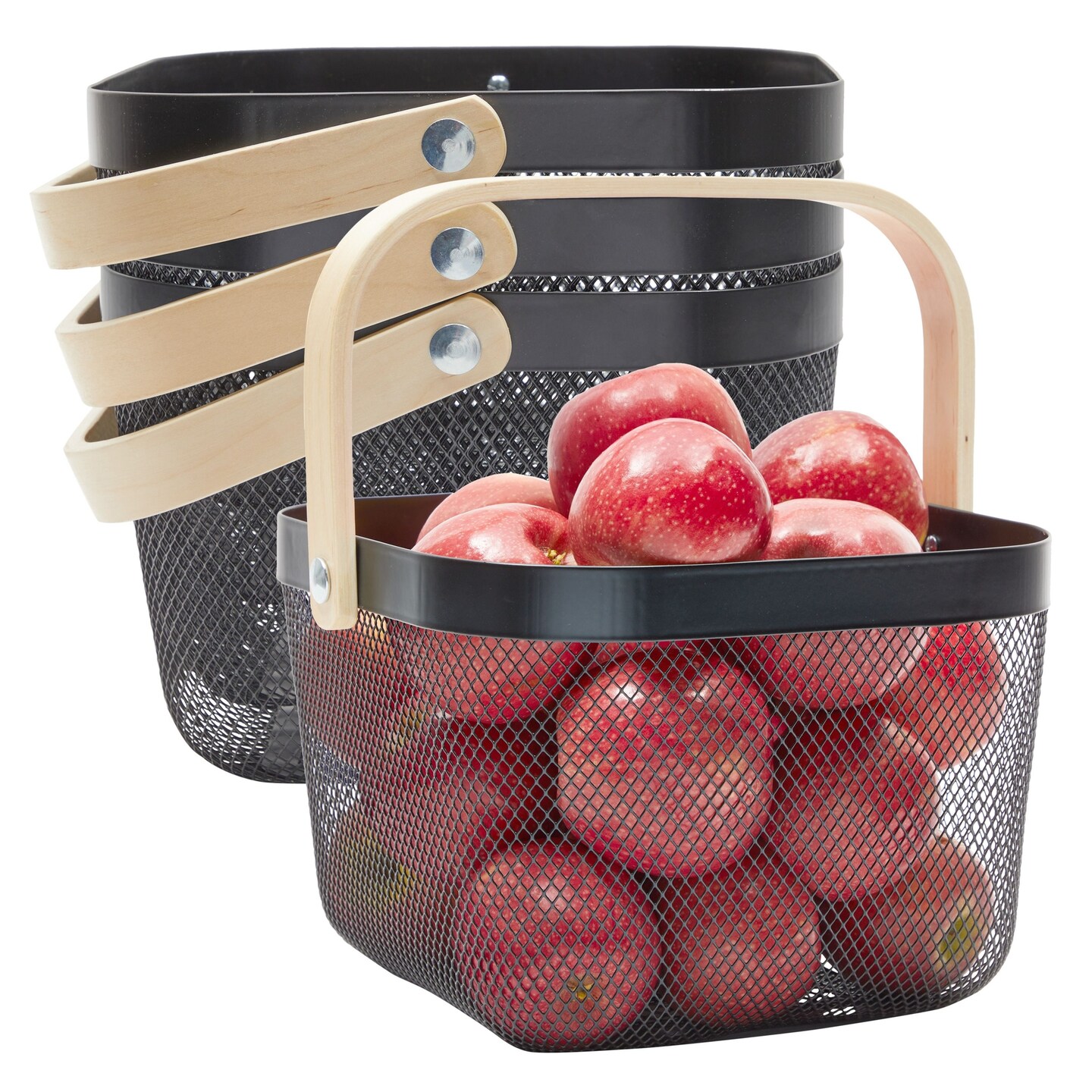 Juvale Square Metal Fruit Basket - Black Metal Pantry Organizer for Kitchen Storage - Mesh Basket with Wood Handle for Easy Carry - Fruit & Snack Organizer - 9.5"x 9.5"x 7", Pack of 4