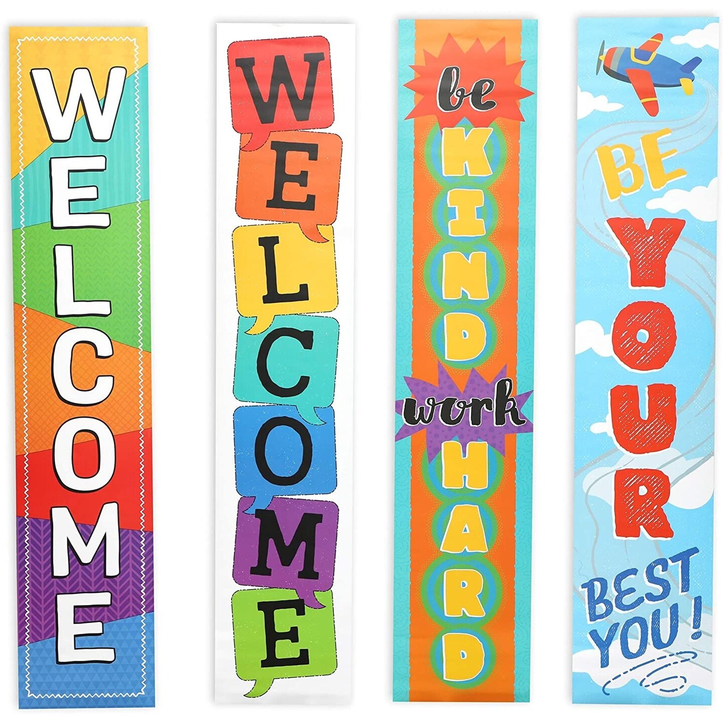 Juvale 4-Pack Welcome Classroom Sign, 4 Designs, 8 x 39 Inches, Ideal for Pre-school, Kindergarten, and Elementary School and Classroom Use, First Day of School and Back to School Decorations