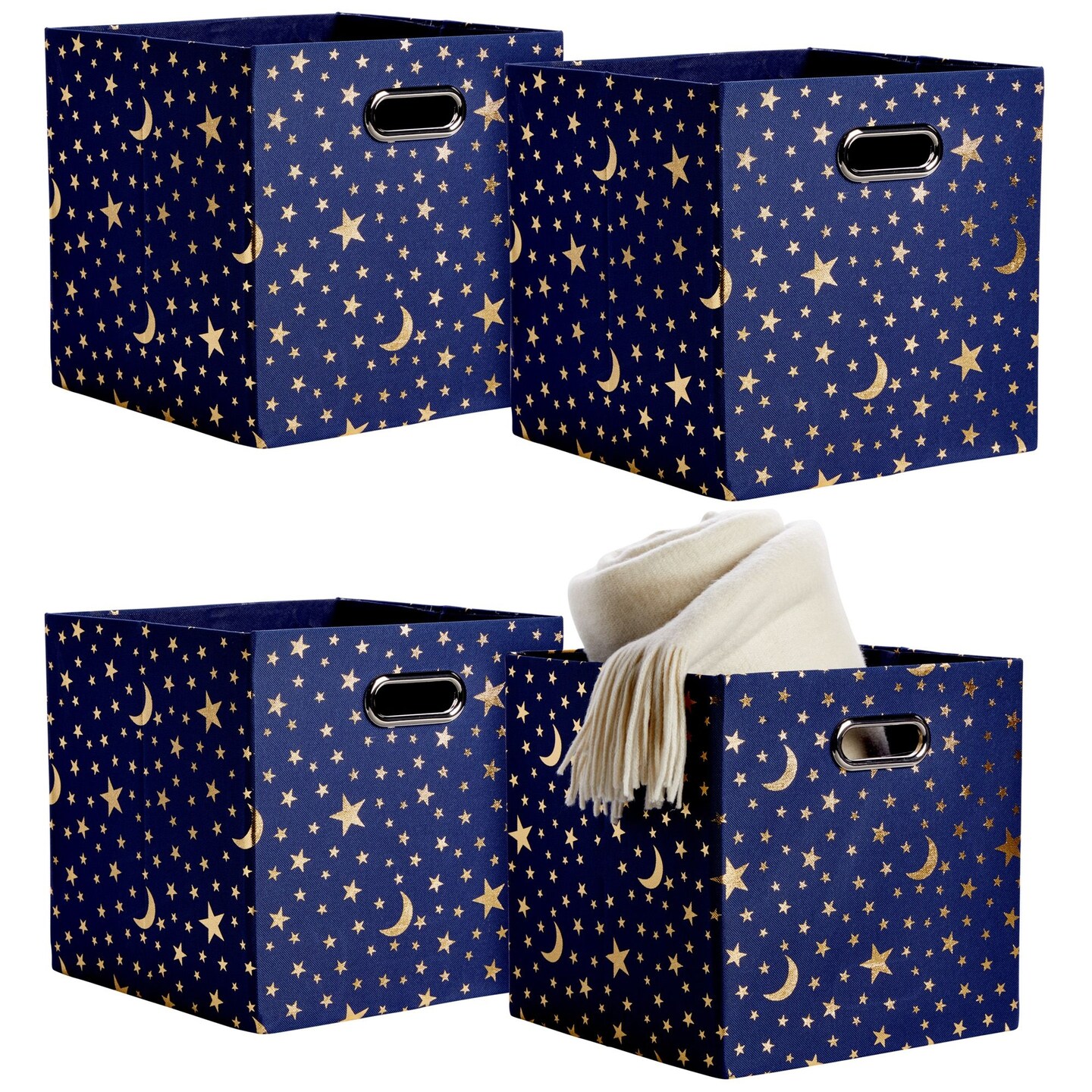 4 Pack Star Storage Cubes, Collapsible Foldable Fabric Organizer Baskets for Clothes, Toys, Gold Moons and Stars (11 Inches)
