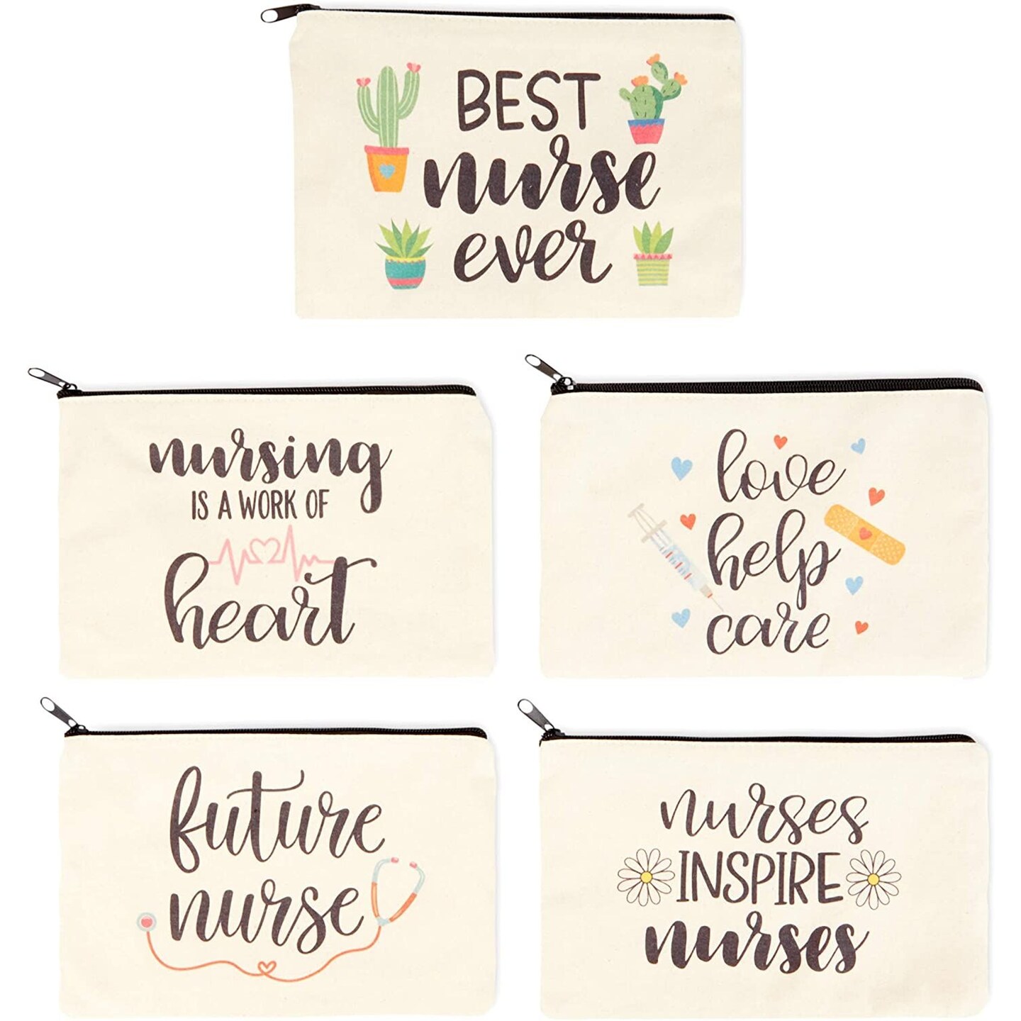 5-Pack Canvas Makeup Bags for Nurse Appreciation Gifts, Cosmetic Pouches (9&#x22; x 6&#x22;)