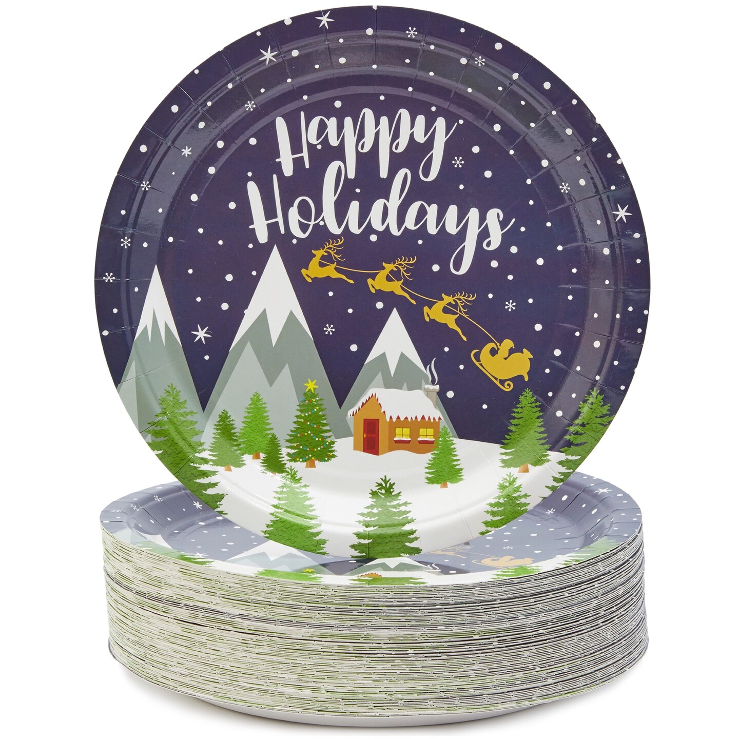 Blue Panda 80 Pack Happy Holidays Plates, 9 Inch Christmas Paper Plates, Winter Themed Party Plates for Xmas Supplies, Holiday Celebrations Gatherings with Friends