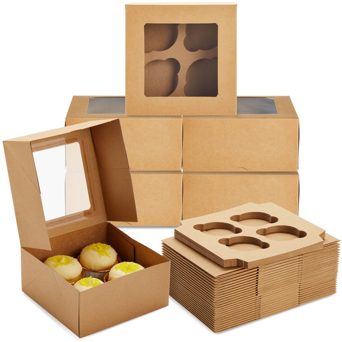 24 Pack Cupcake Containers with Windows, 6x6 Boxes with 4 Count Inserts for Muffins (Kraft Paper)