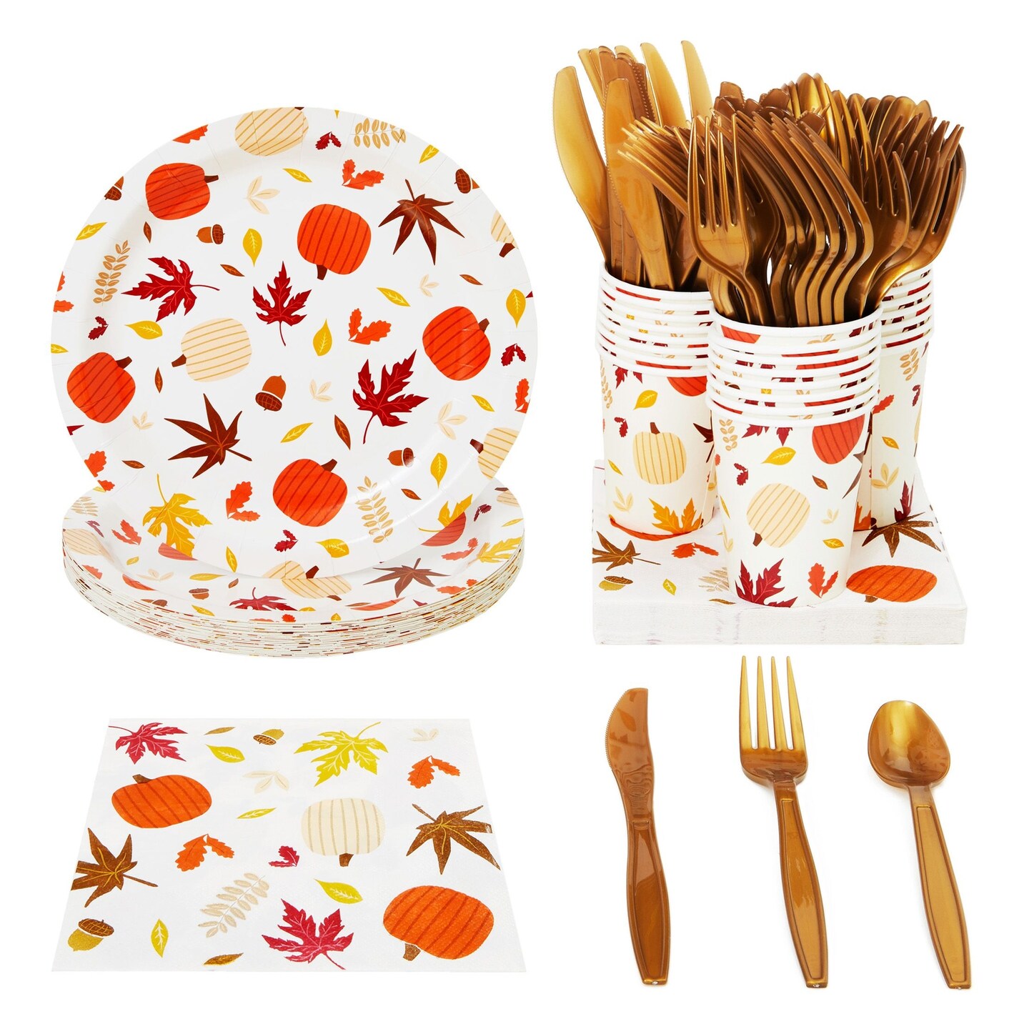 Autumn Paper Plates and Napkins, Cups, Cutlery for Thanksgiving, Fall Party Supplies (Serves 24, 144 Pieces)