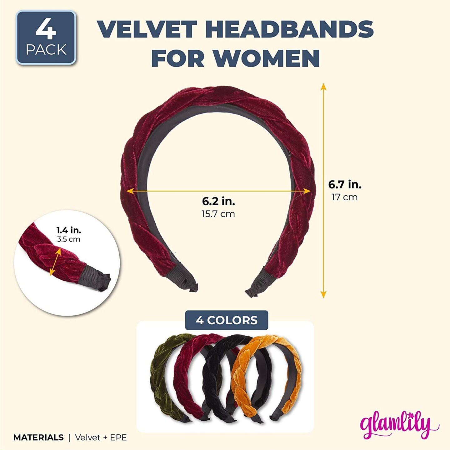 4 Pack Velvet Braided Headbands for Women, Wide, Non-Slip Padded Hair Accessories (4 Colors)