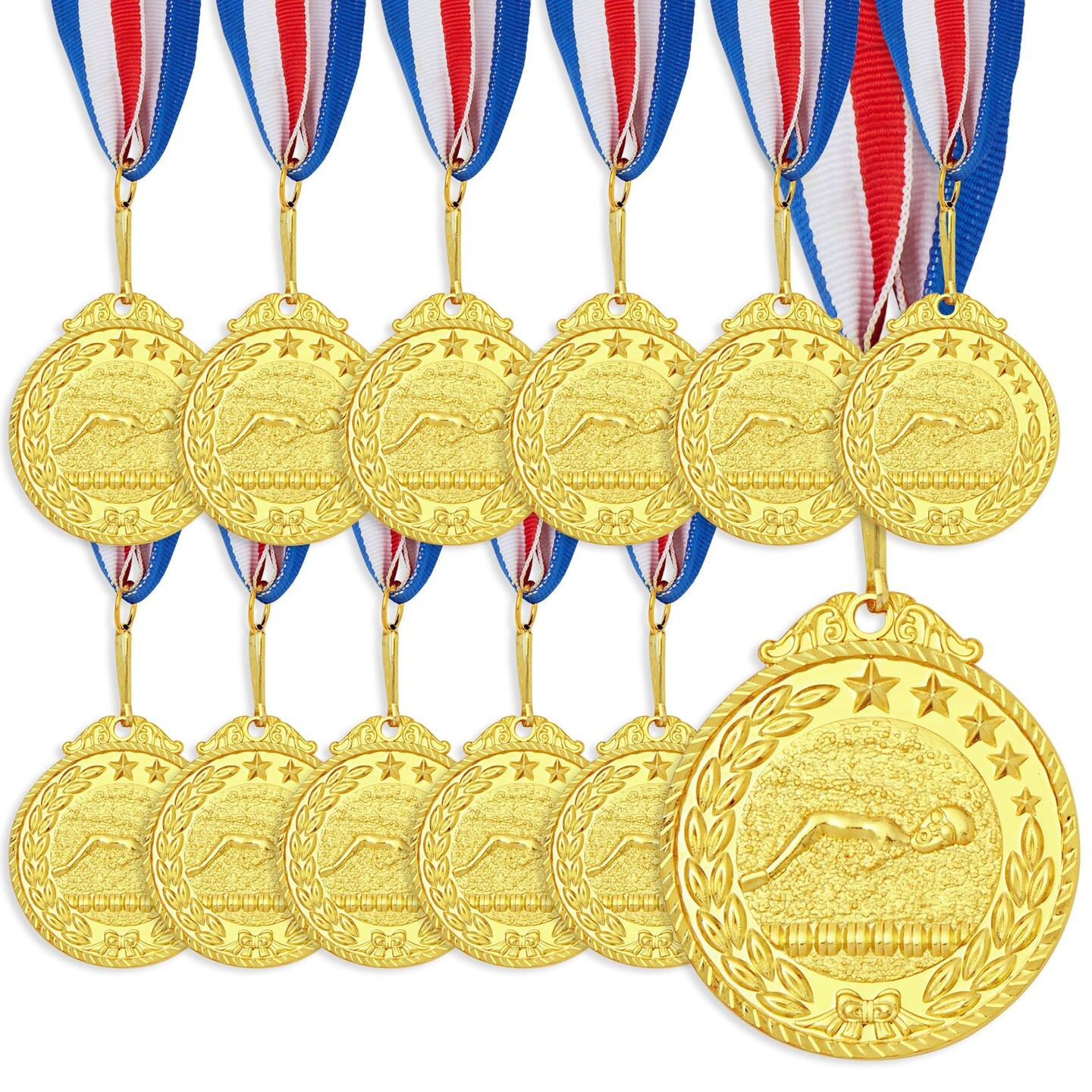 12 Pack Swimming Medals with Ribbons for All Ages, Gold Medals for Awards, 2 Inch Diameter with 15 Inch Ribbon Loop