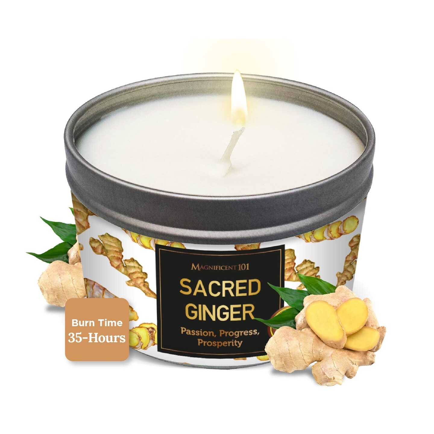 Magnificent 101 Long Lasting Sacred Ginger Scented Candle | 6 Oz - 35 Hour Burn | Soy Wax Candle for House Energy Cleansing &#x26; Manifestation | Passion Fuels Growth, Fosters Prosperity