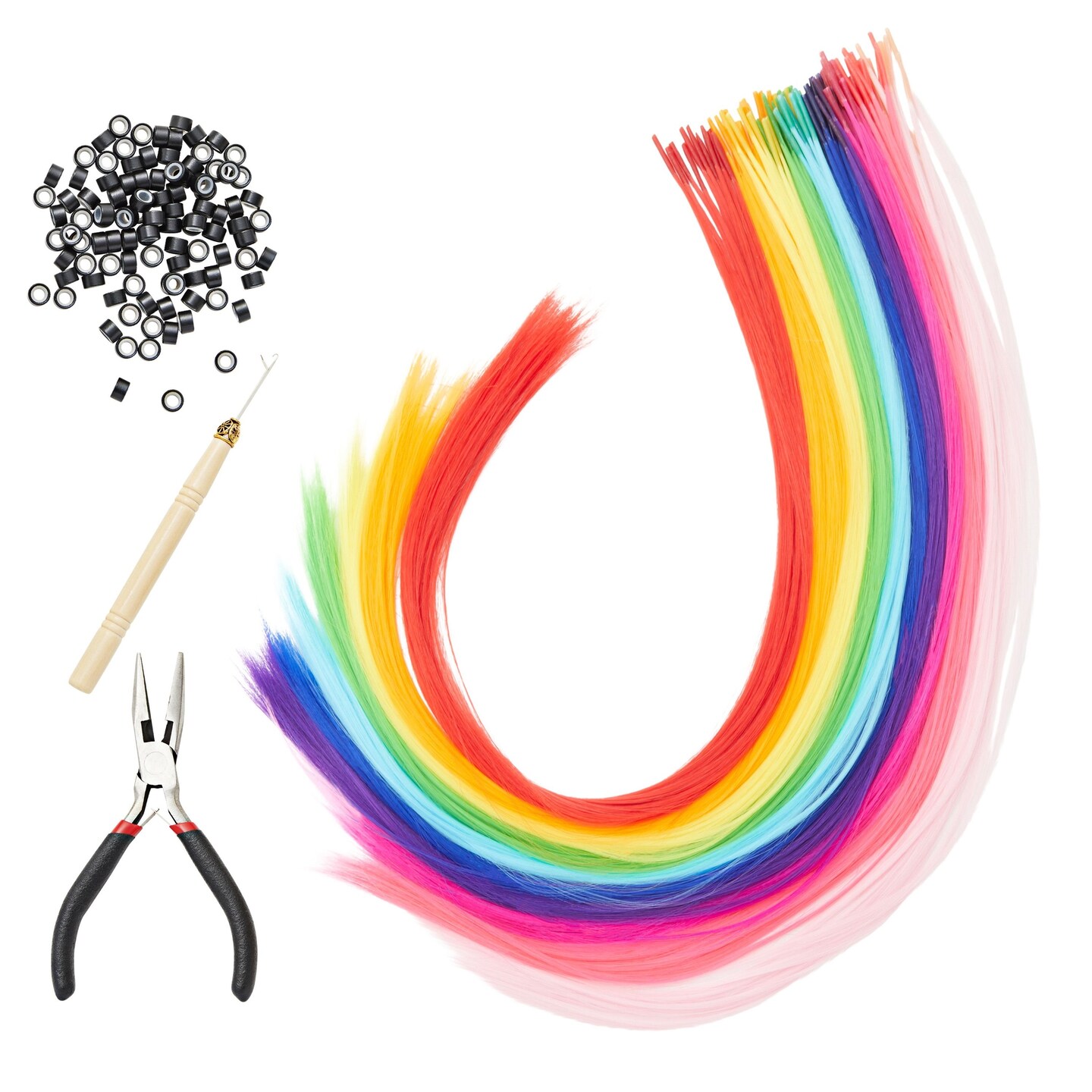 Glamlily Colored Hair Extensions for Kids, 100 Pack 20&#x22; Synthetic Strands in 10 Rainbow Colors - Includes Tools and Microbeads for Party, Costumes
