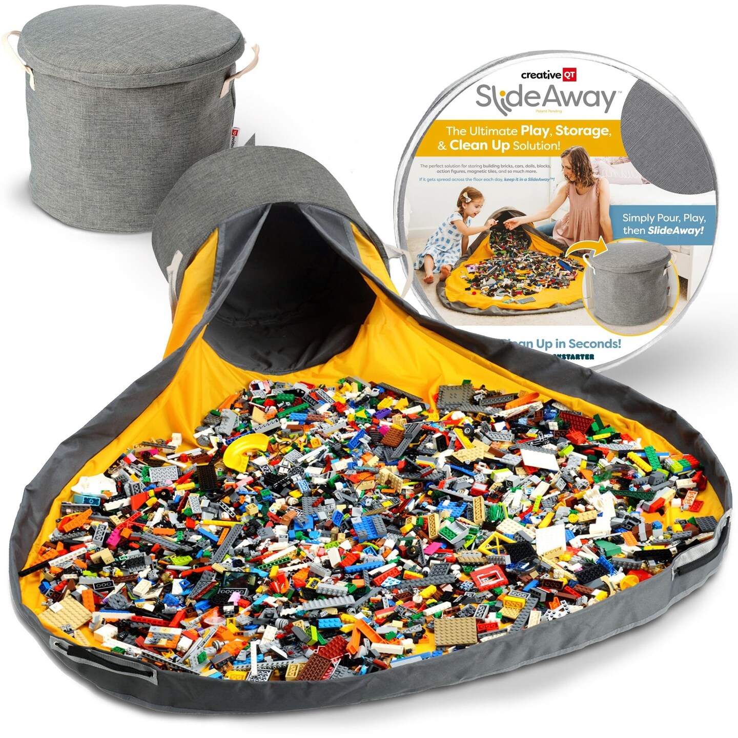 Creative QT SlideAway Toy Storage Organizer & Extra Large 52" Play Mat, Collapsible Storage Bins for Building Bricks, Small Blocks, Toys, Drawstring Cleanup for Kids Playroom & Classroom, Grey