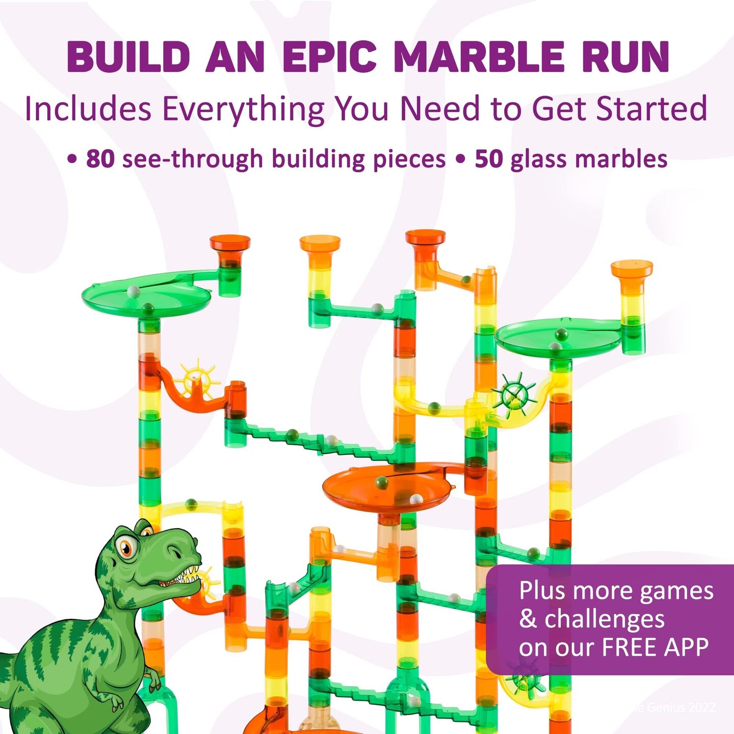 Marble Genius Marble Run Starter Set STEM Toy for Kids Ages 4 - 12 - 130 Complete Pieces (80 Translucent Marbulous Pieces and 50 Glass Marbles), Construction Building Block Toys, Theme (Dinosaur)