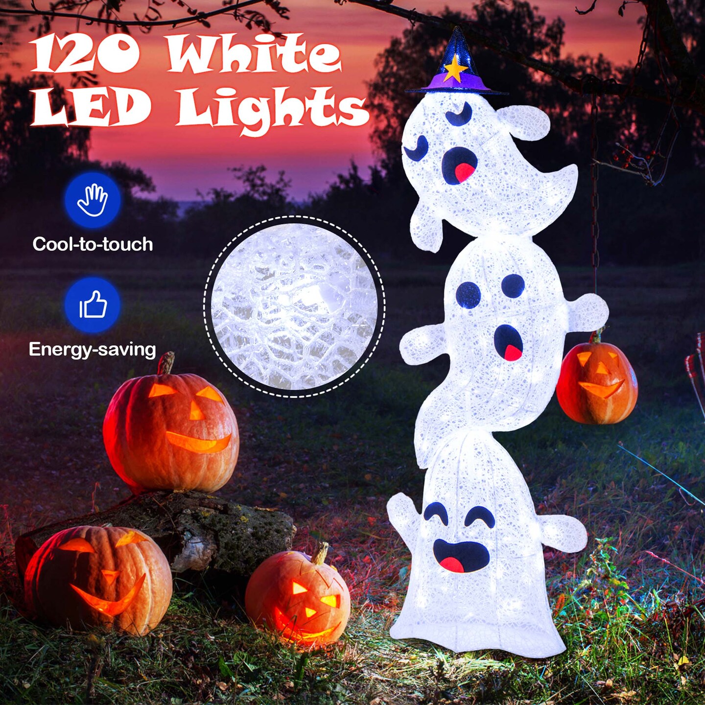 Costway 4 FT Lighted Stacked Ghosts Standing Halloween Decoration with 120 LED Lights and 4 Metal Ground Stakes