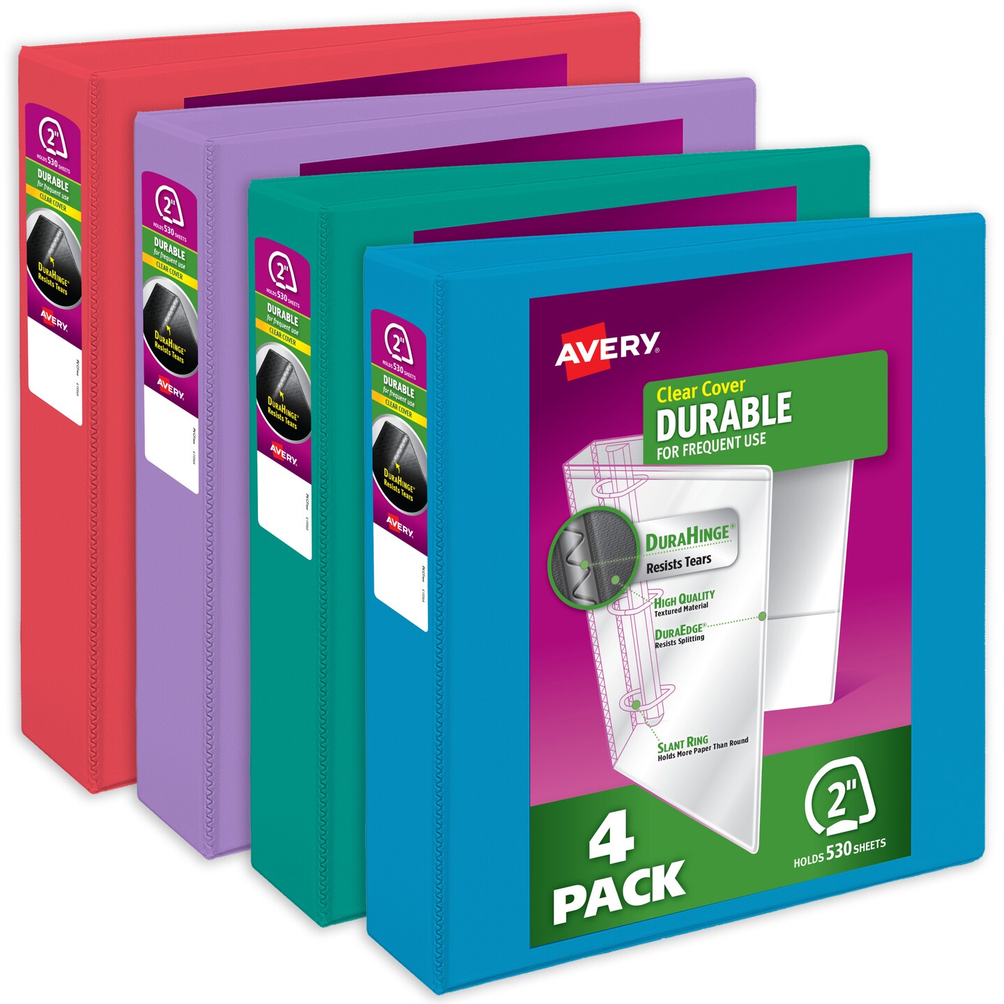 Avery Durable View 3 Ring Binders, 2 Inch Slant Rings, 530-Sheet Capacity, DuraHinge, 2.8 Inch Wide Spine, Customizable Clear Covers and Spine, Bright Colors (4-Pack of 05635)