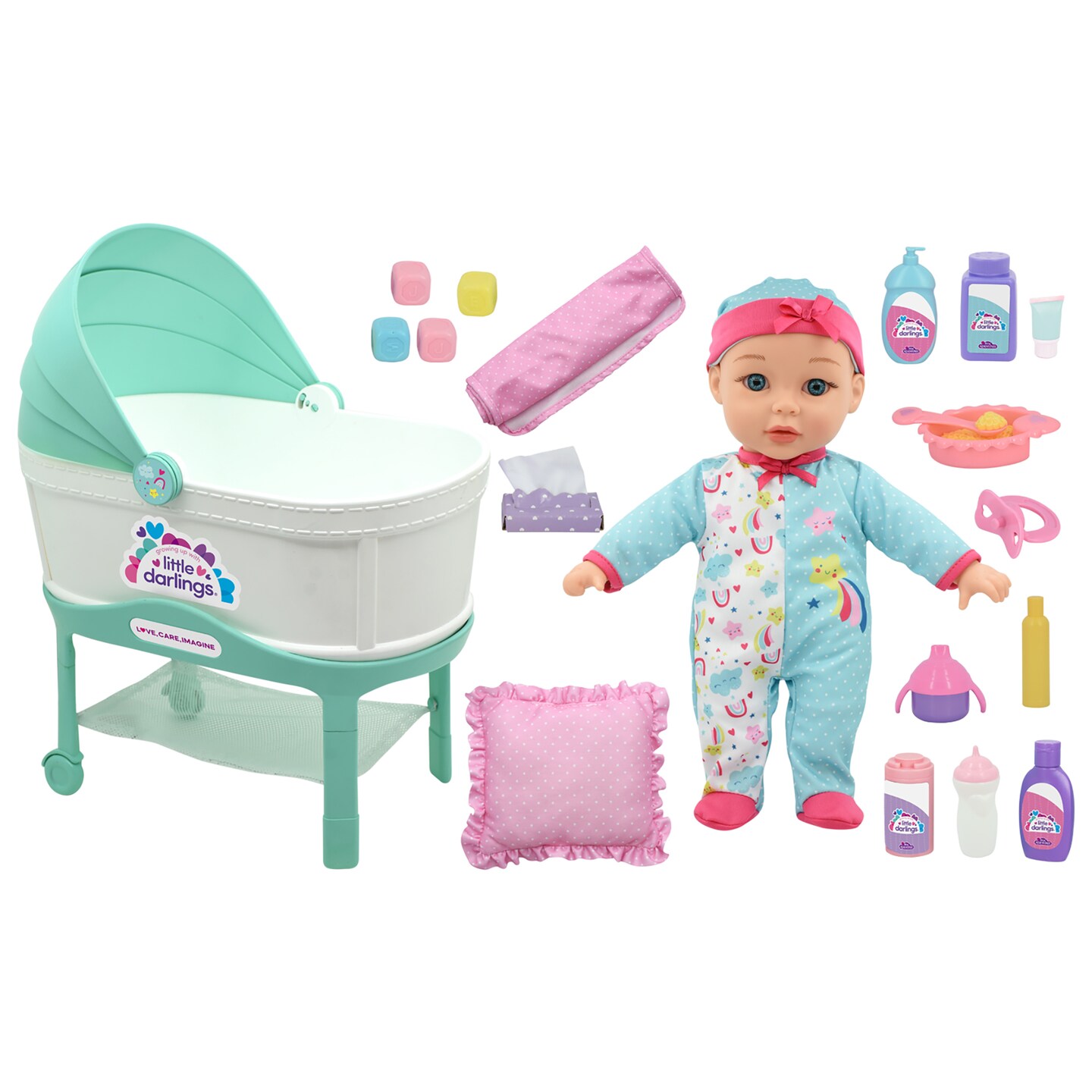 Little Darlings: 12&#x22; Bassinet Baby Doll Set - Teal, Pink, Stars - Soft Body Doll, Plastic Bassinet, Accessories, New Adventures, Toddler Kids Ages 2+