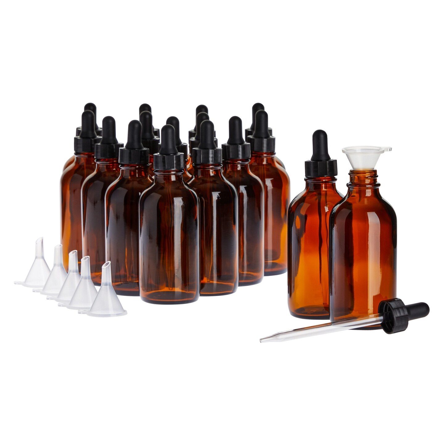 15 Pack of 4oz Amber Glass Bottles with Dropper Dispenser and 6 Funnels for Essential Oils, Travel, Perfumes, Liquids, Hair and Body Oils (21 Total Pieces, 120ml)