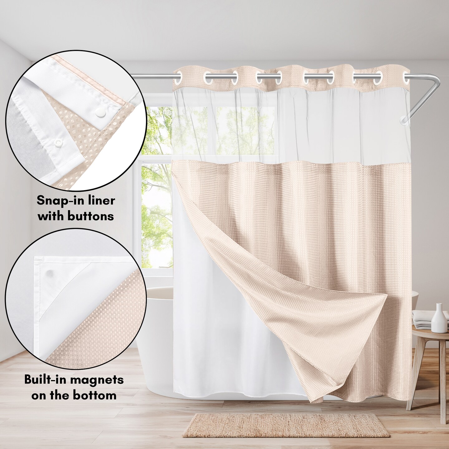Americanflat 72x75 Hookless Waffle Pattern Shower Curtain - Water-Resistant Long Shower Curtain with Sheer Panel, Snap-In Liner, and Grommets