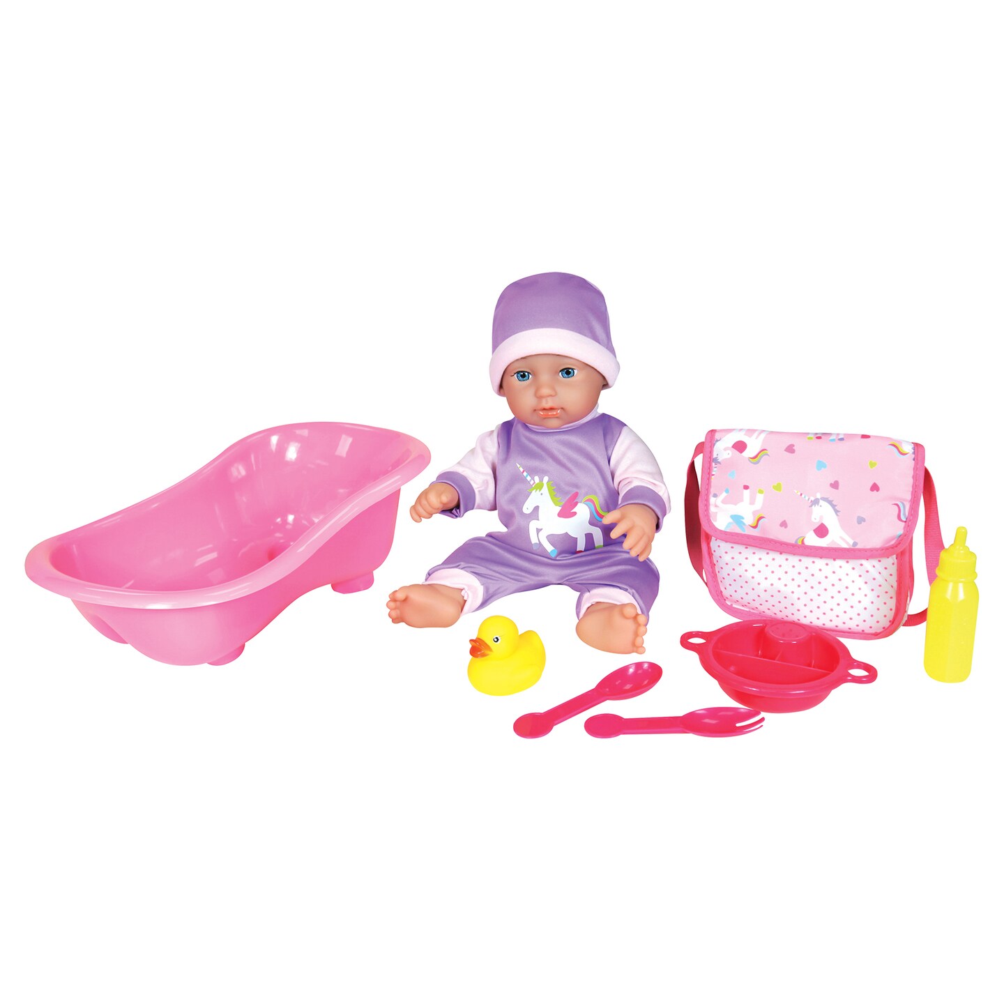 Lissi 11&#x22; Baby Doll &#x26; Bath Set - Baby, Bath Tub, Bottle, Ducky, Daiper Bag, Plate, Fork &#x26; Spoon