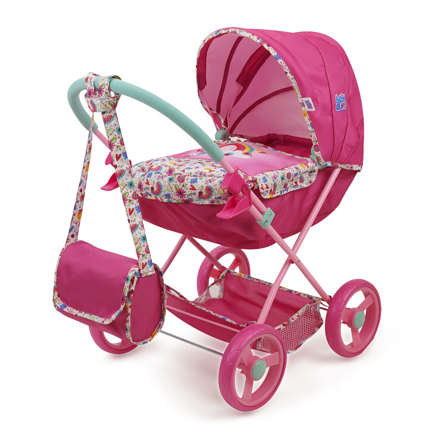 Baby Alive: Deluxe Classic Doll Pram - Pink &#x26; Rainbow - Includes Matching Handbag/Diaper Bag, Fits Dolls up to 18&#x22;, Large Canopy, Storage Basket &#x26; Bassinet, Pretend Play