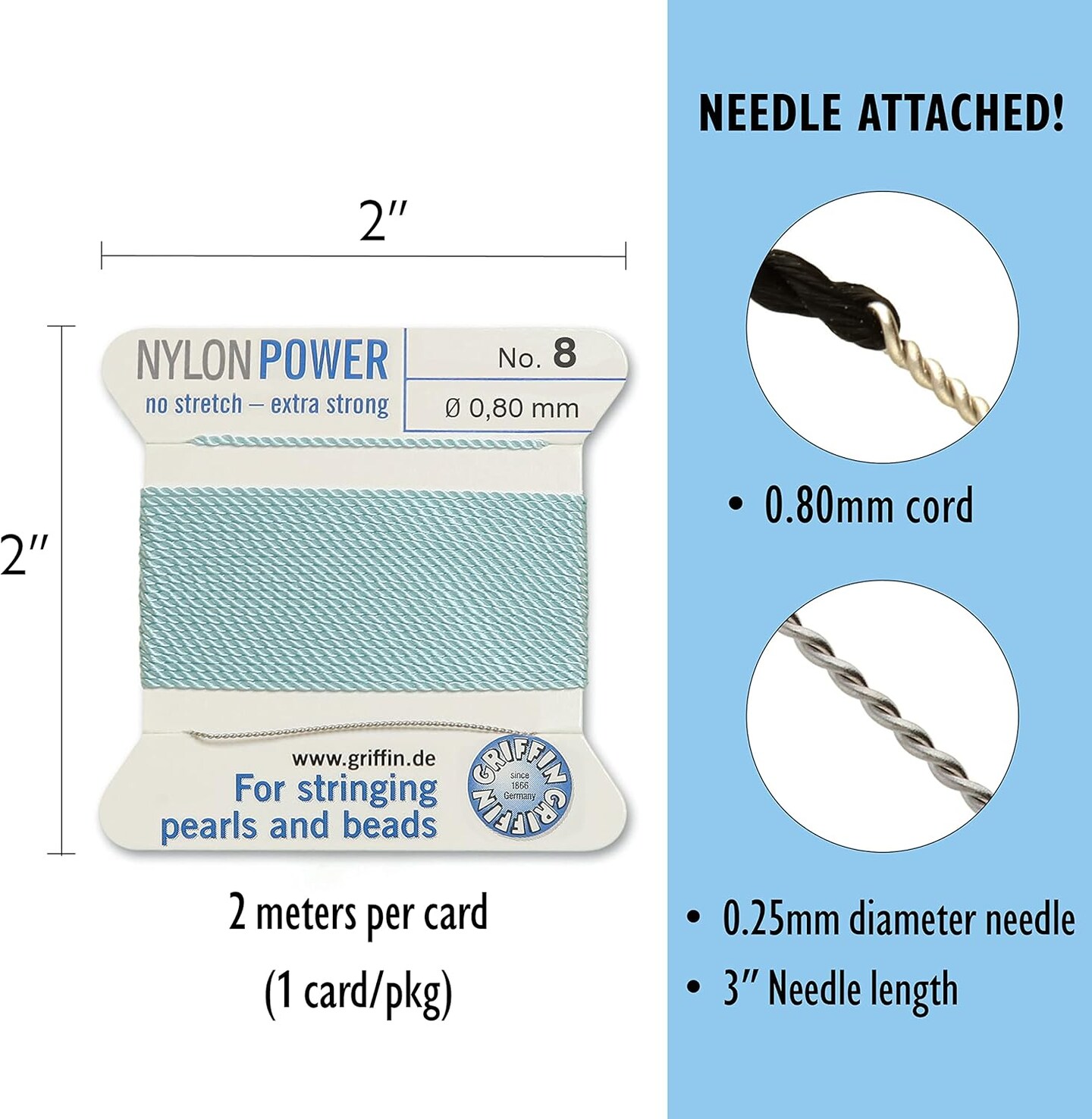Griffin Nylon Bead Cord Perlseide – Size 8 (0.80mm) – 2 Meters per Card – Stainless Steel Needle Attached – for Knotting Pearls, Gemstones, Crystals and Beads