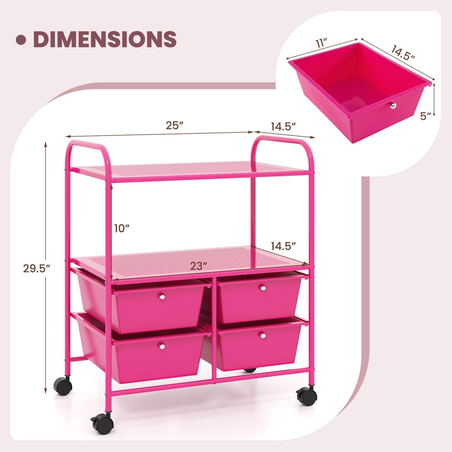 Multi-Purpose Storage Cart with 4 Drawers and Shelves Rolling Organization Solution for Home or Office